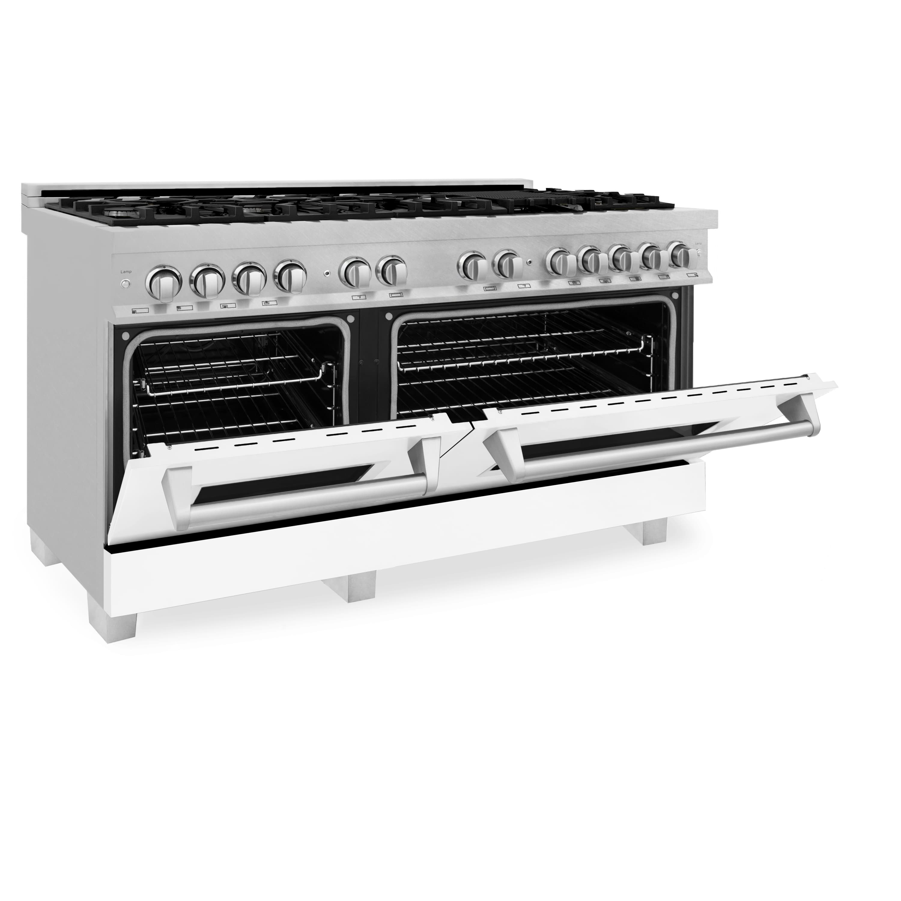 Dual fuel range with side view of open oven doors and pull-out stainless racks