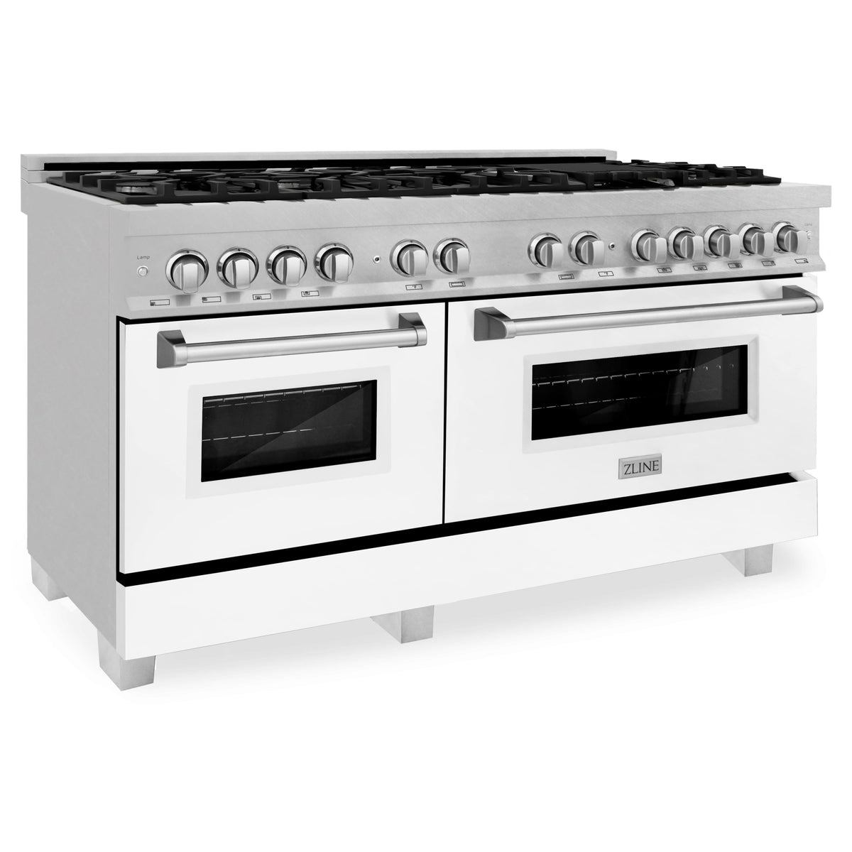 Dual fuel range front view with two oven doors, black cooktop grates, and knob row