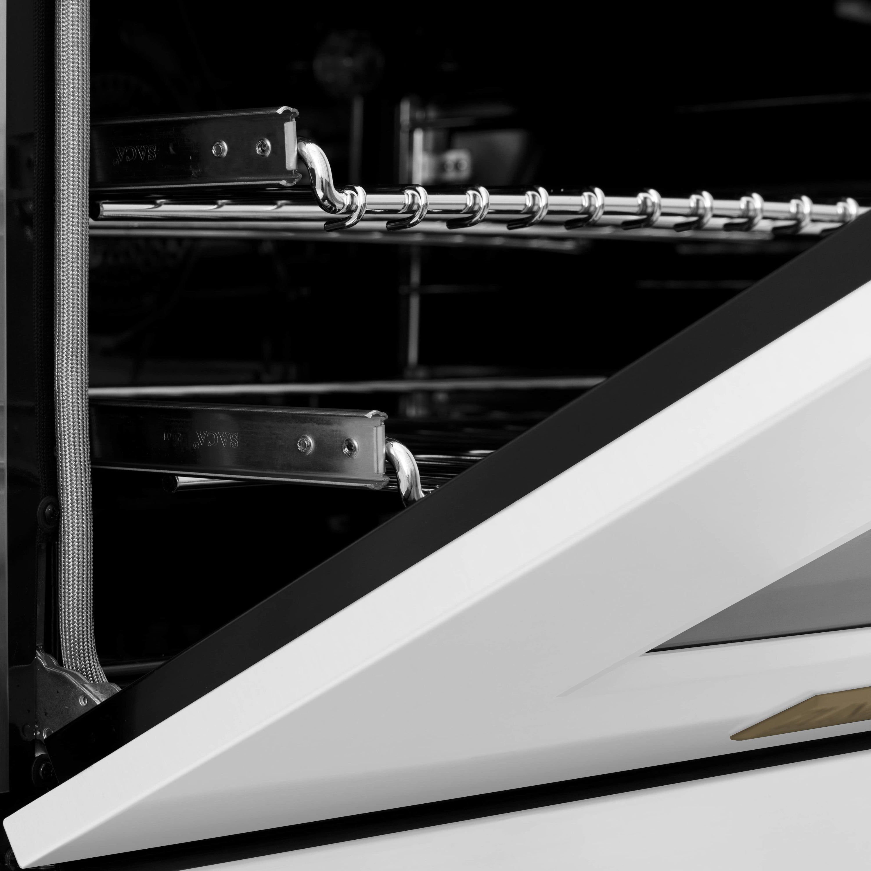 Dual fuel oven interior showing side rails, metal racks, and back panel