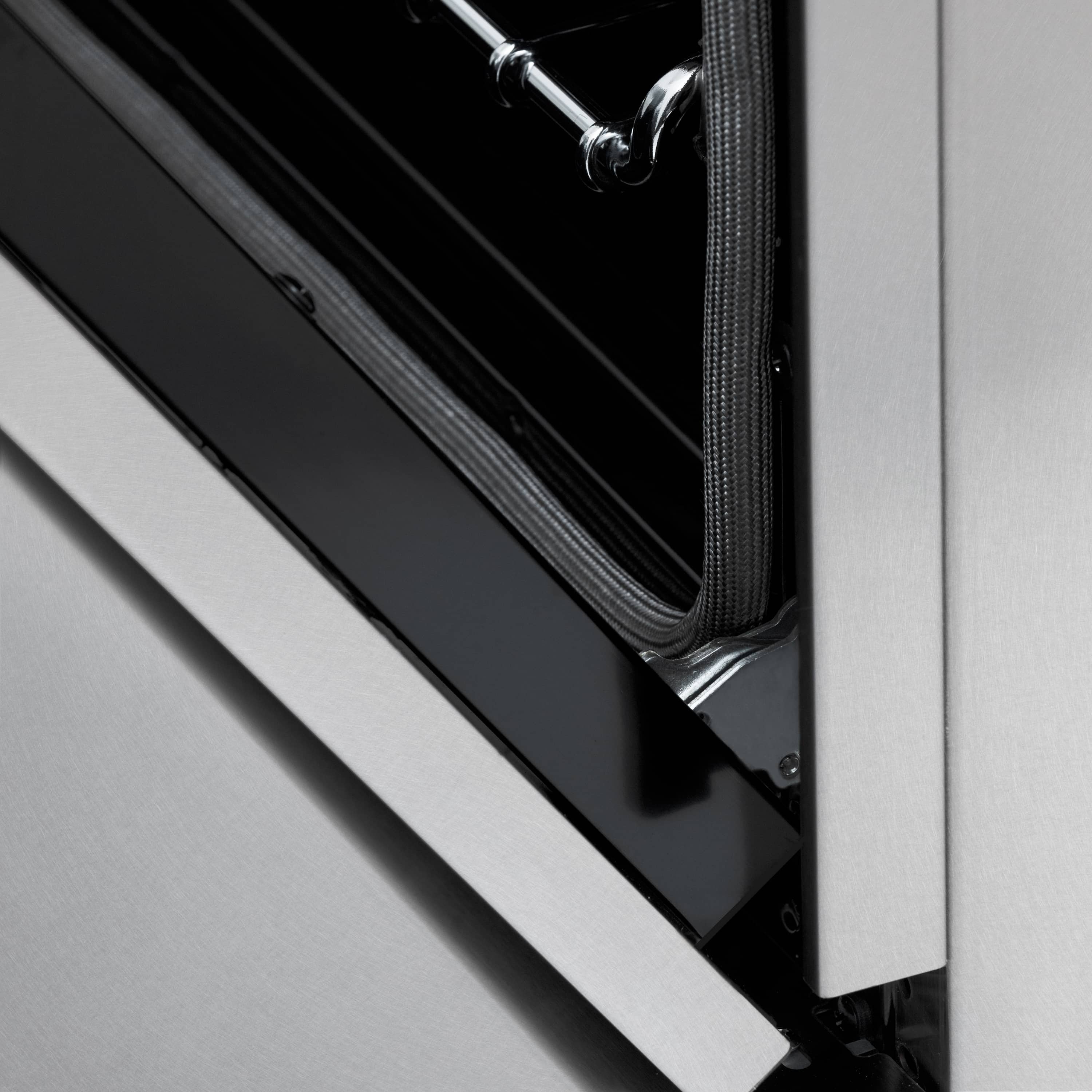 Oven door frame edge with gasket and chrome rack rail hardware