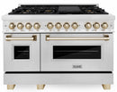 ZLINE Legacy Series Autograph Edition 48-inch Dual Fuel Range with Gas Stove and 6.0 Cu. Ft. Electric Oven in Fingerprint Resistant Satin Stainless Steel with Gold Accents (RASZ-SN-48-G)