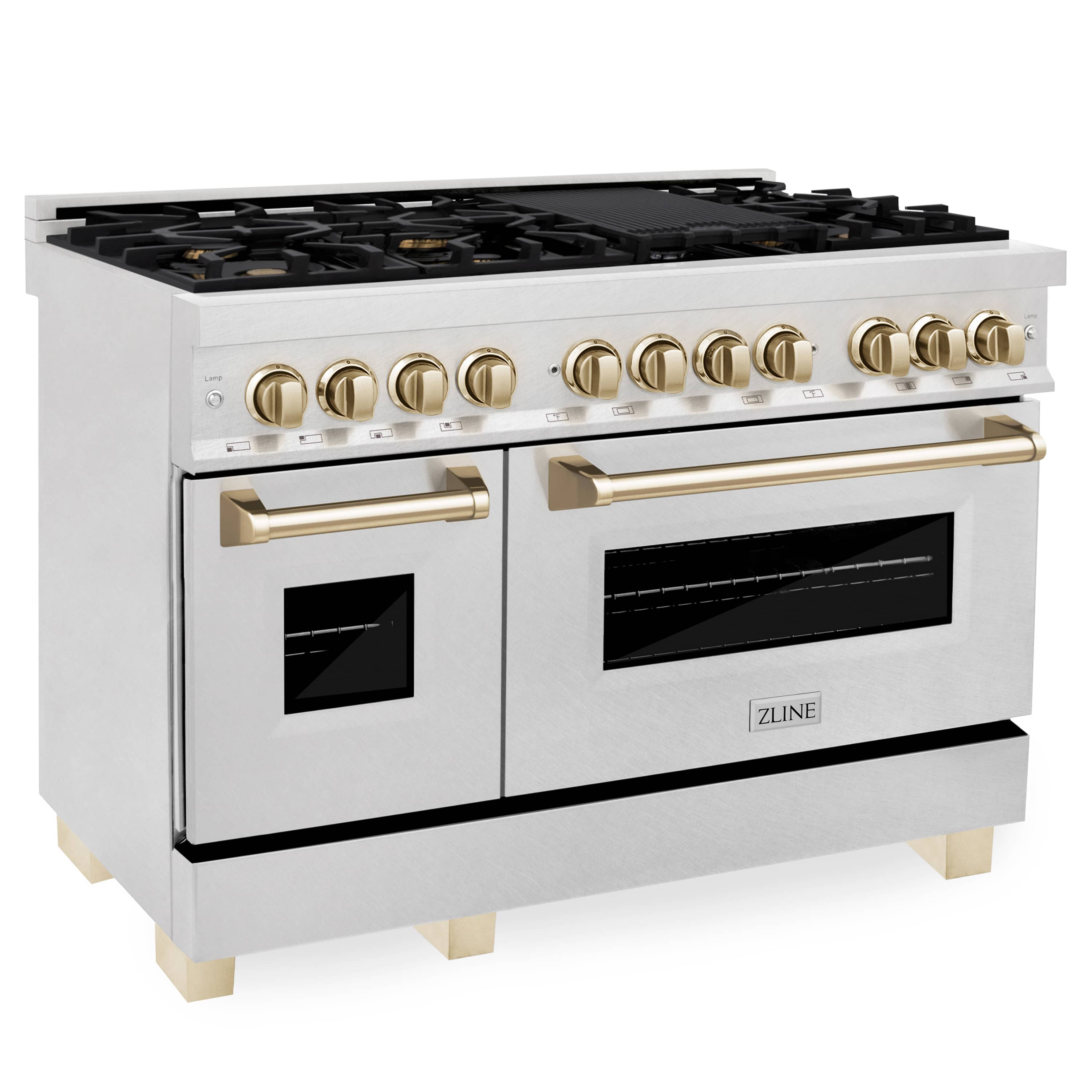 Dual fuel range with satin stainless finish, gold control knobs, black cooktop burners