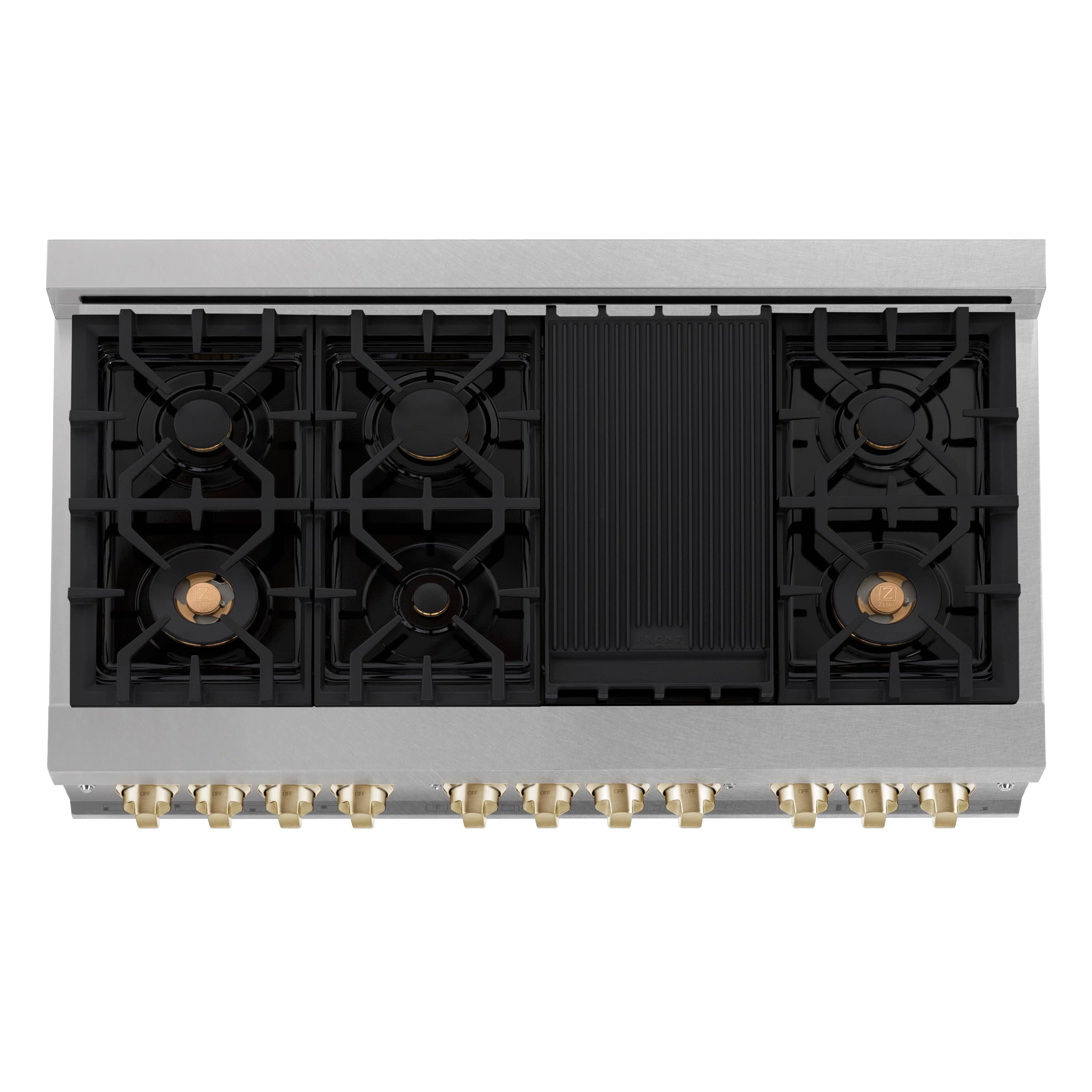 Dual fuel range cooktop with six burners, cast grates, black burner caps, gold knob row