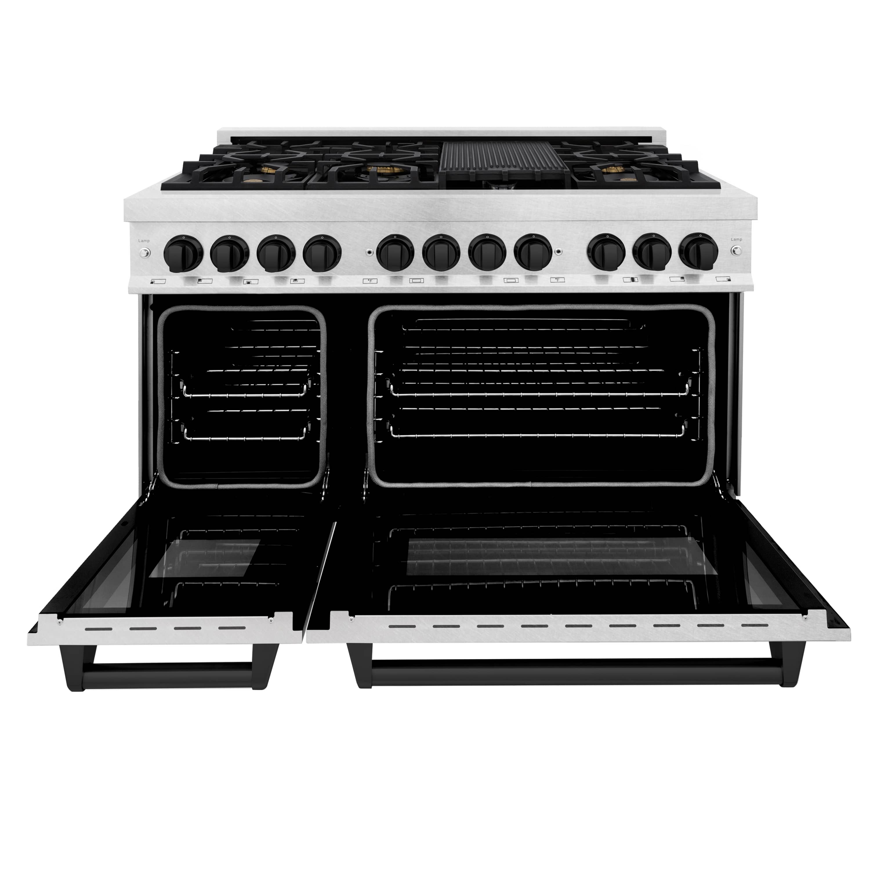 Dual fuel range with dual ovens open and black interior grates, front view
