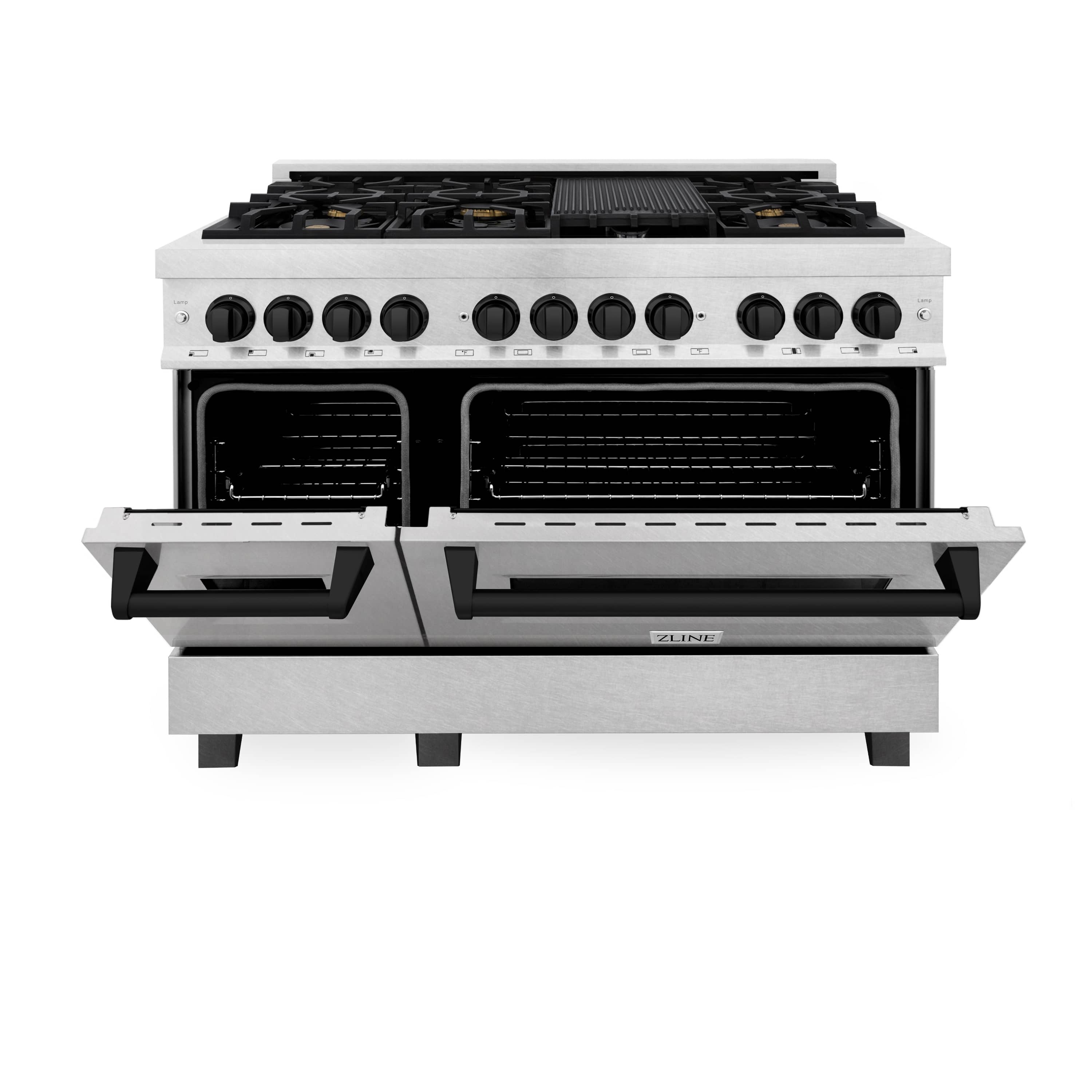 Dual fuel range with lower broiler drawer open and two oven doors closed