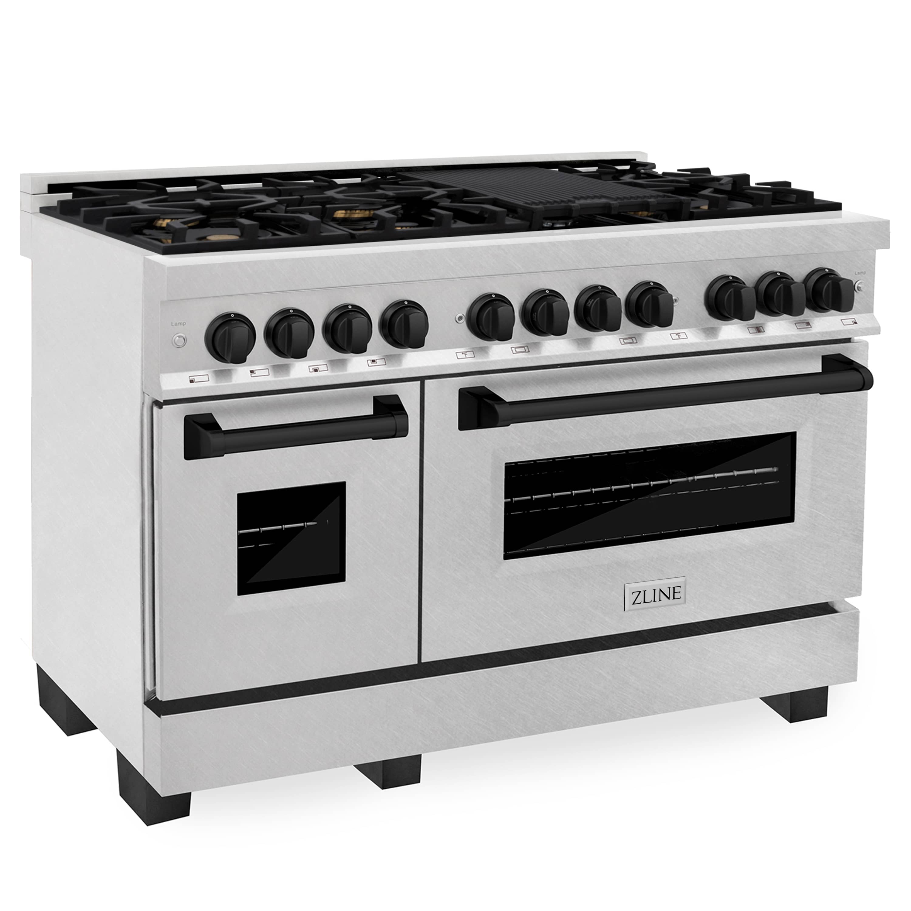 Dual fuel range side-front view with black burner knobs and oven windows