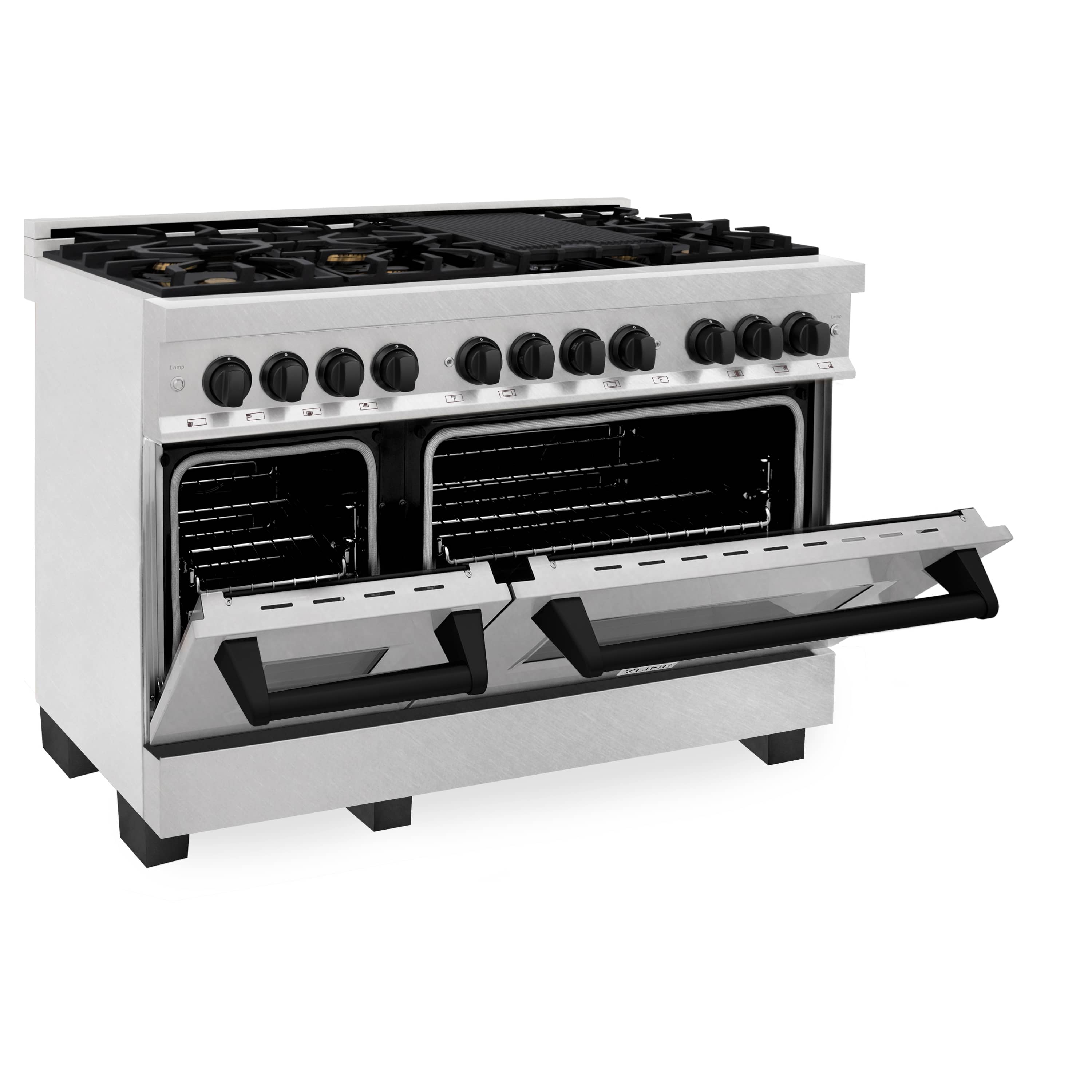 Dual fuel range with open broiler drawer and twin oven doors, angled front