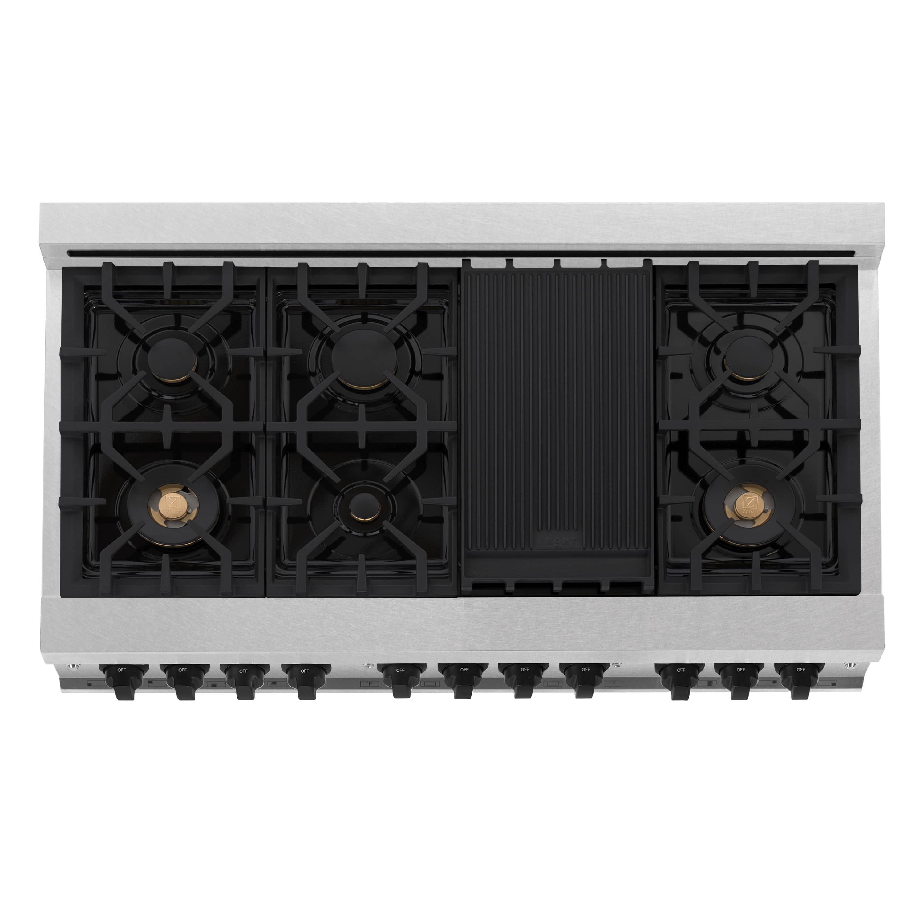 Dual fuel range cooktop with five black gas burners and grates, top view