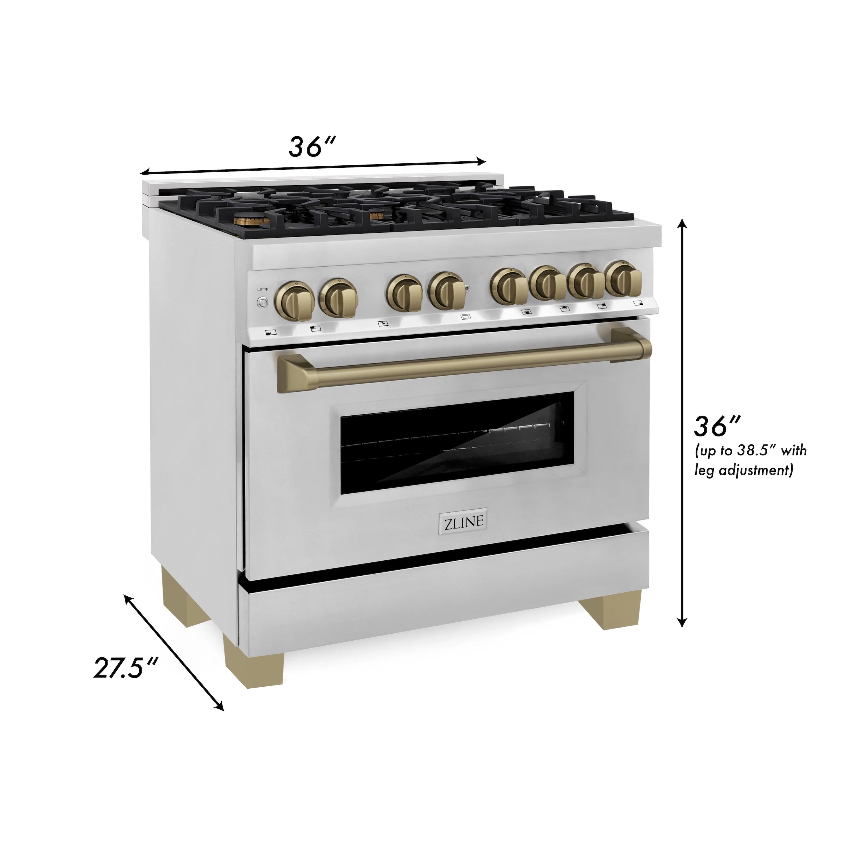 36-inch dual fuel range with bronze knobs and height measurement diagram
