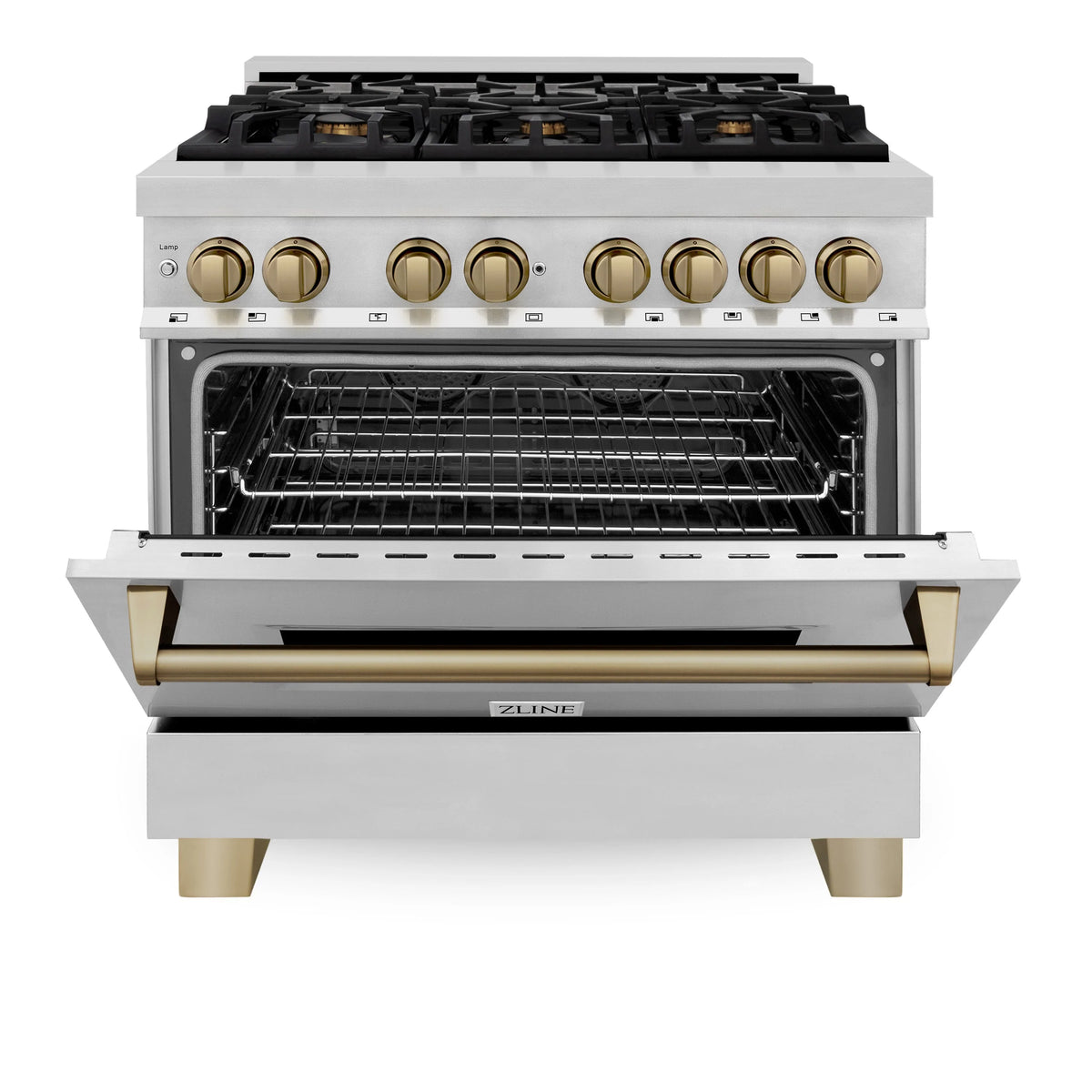 Dual fuel range with oven door open and broiler drawer extended, champagne trim