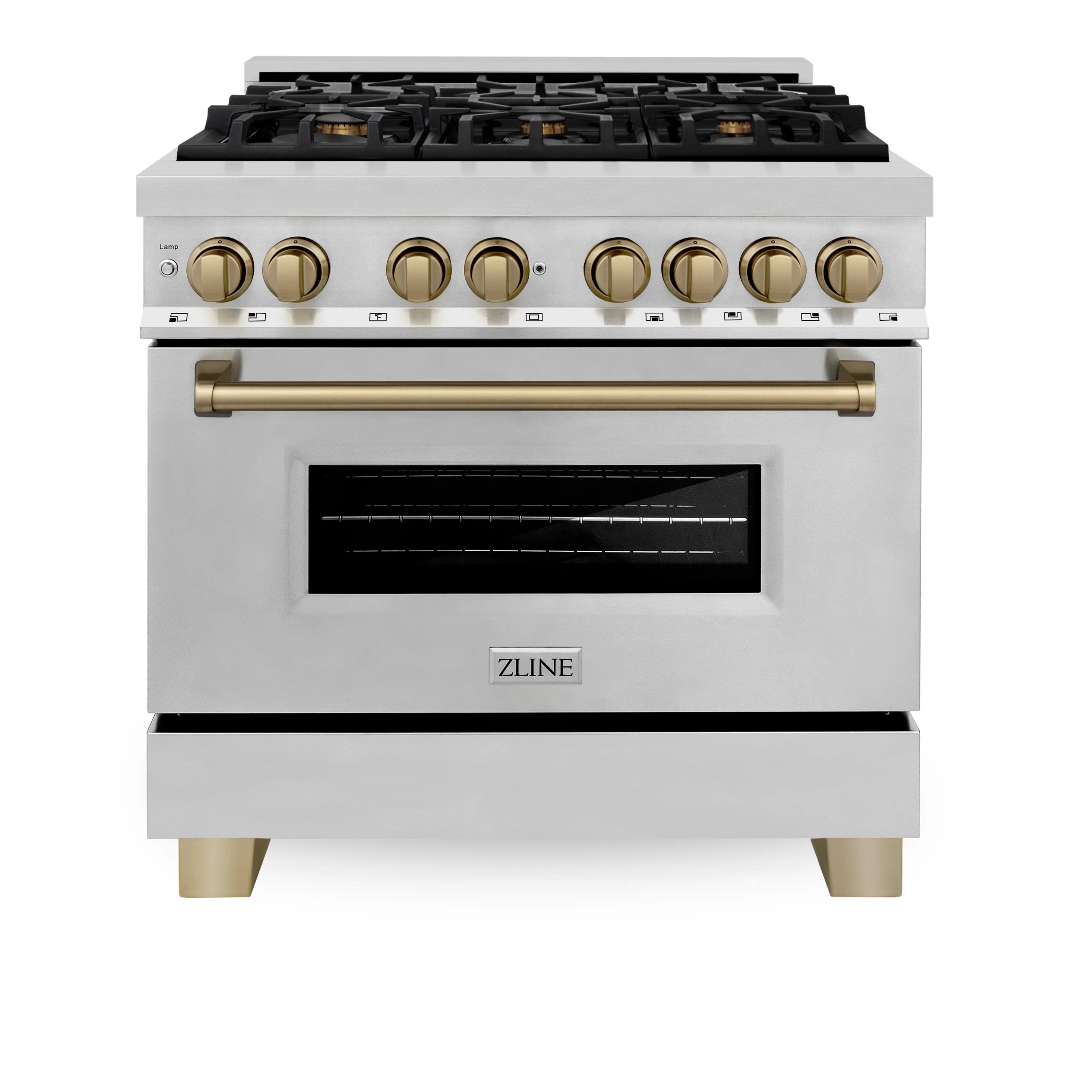 Dual fuel range front view with glass oven door, bronze knobs and handle