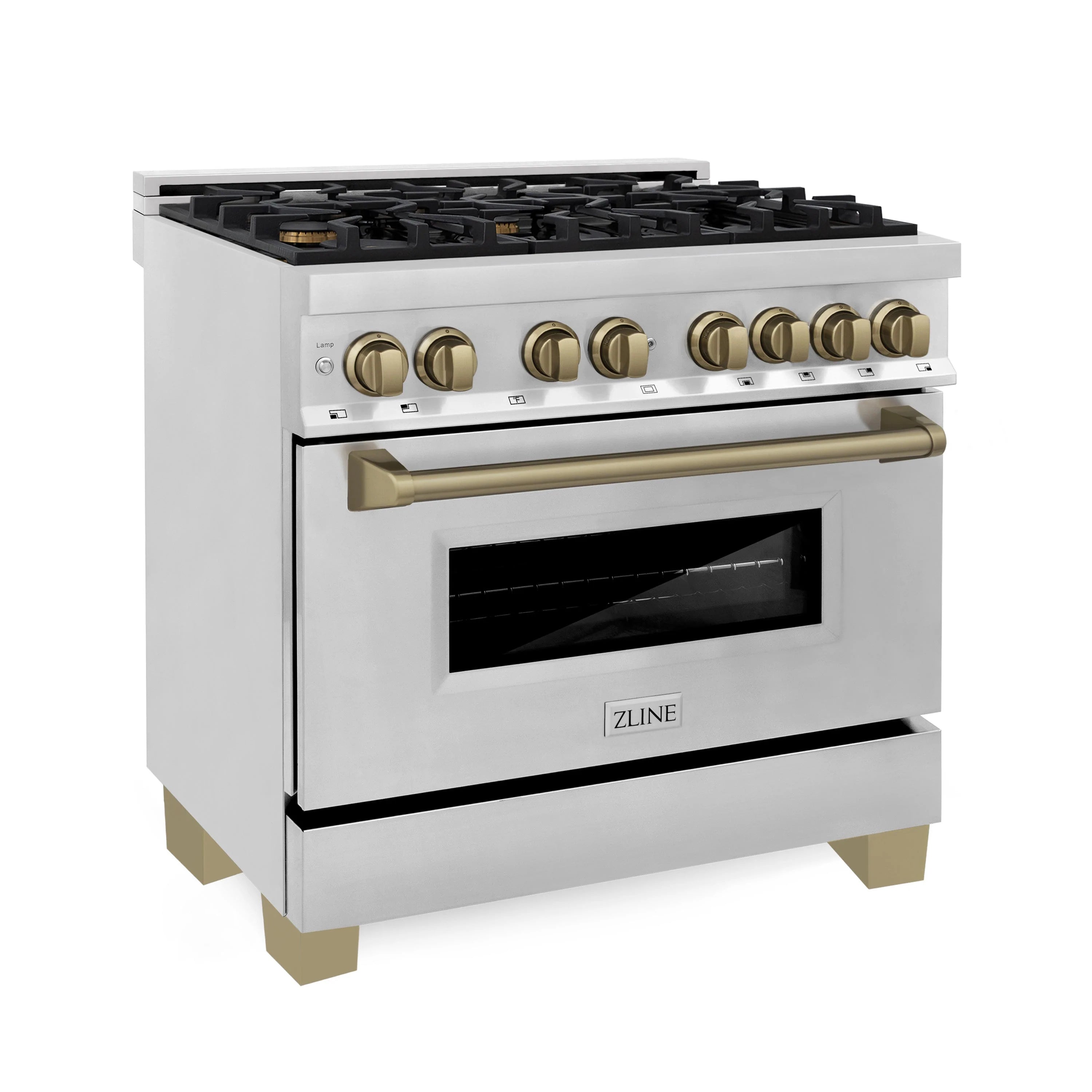 Dual fuel range front three-quarter view with bronze handle and control knobs