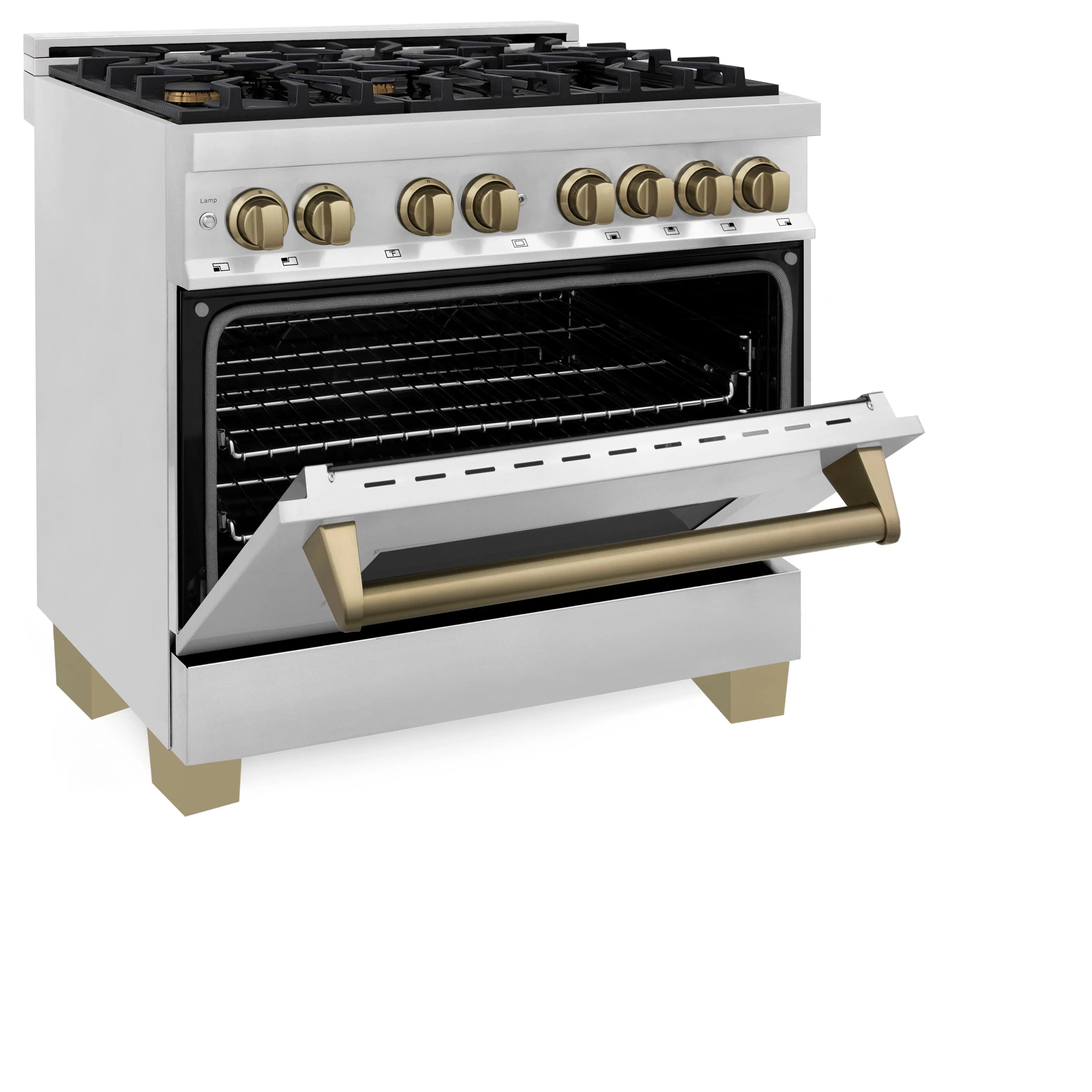 Dual-fuel range showing open oven door, interior racks, and champagne bronze trim