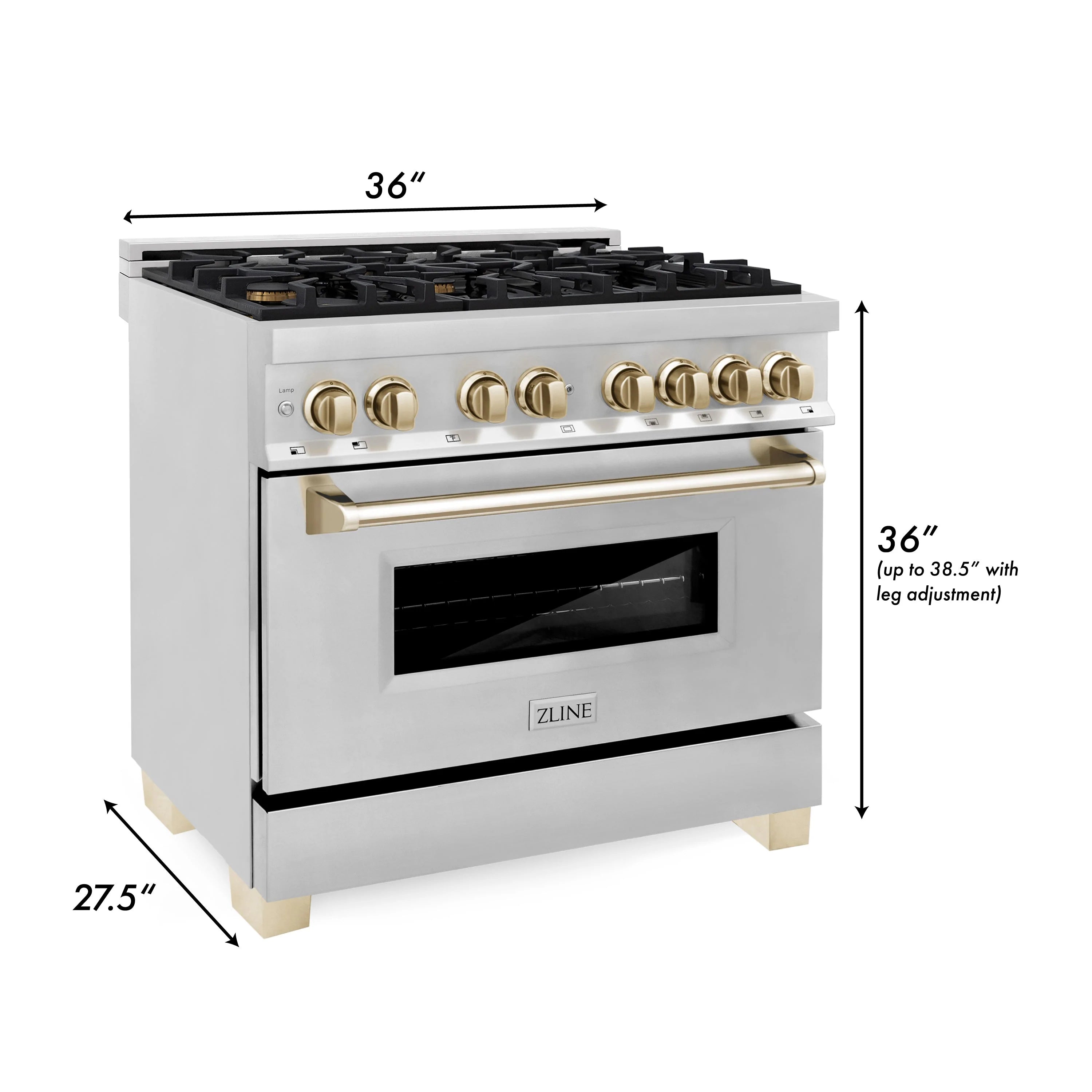 36-inch stainless steel dual fuel range with gold knobs and oven window