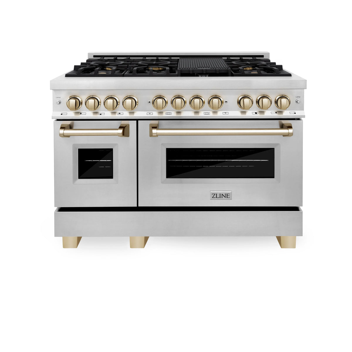 Stainless dual fuel range with black grates, gold knobs, and two oven doors