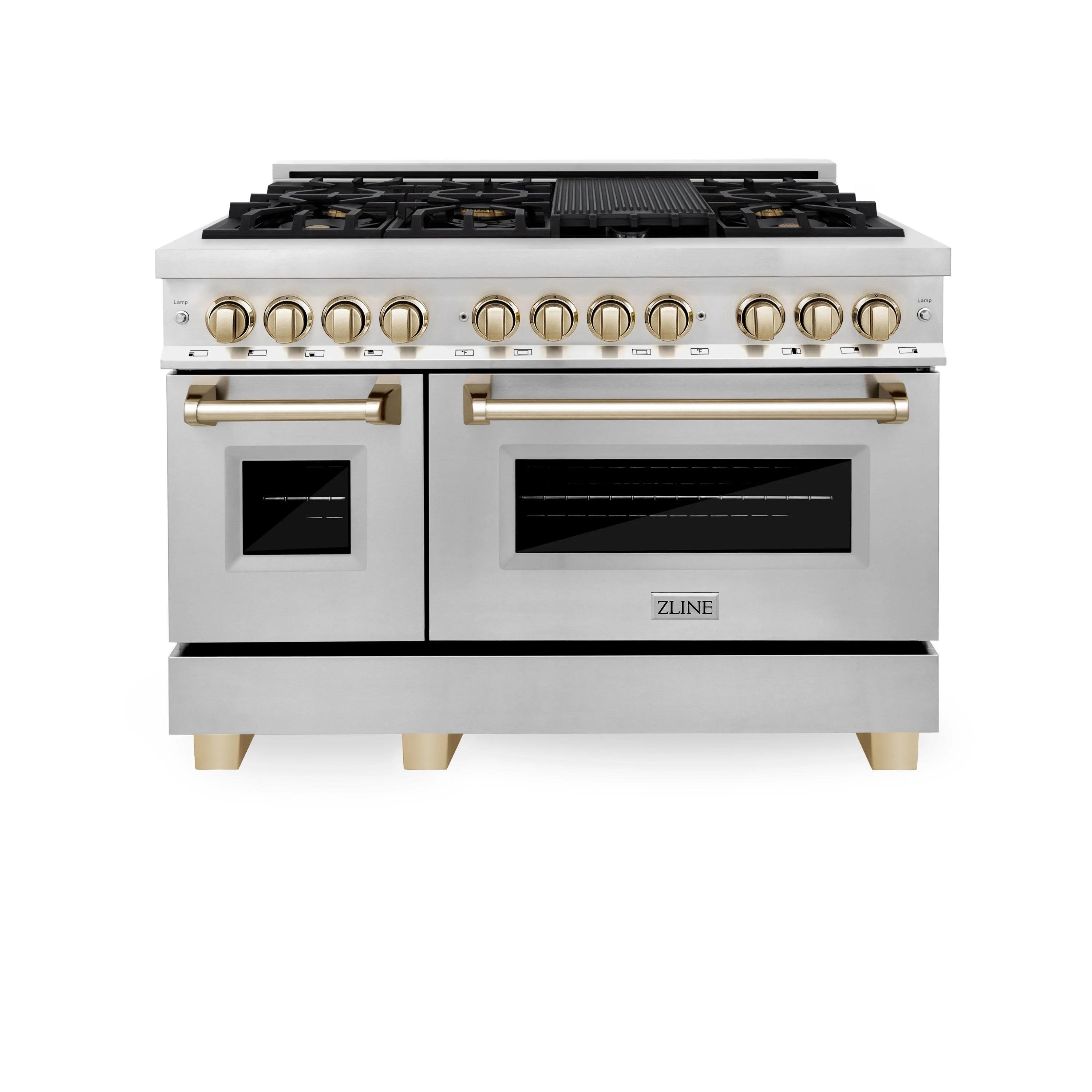 Stainless steel dual fuel range with gold knobs and two oven doors