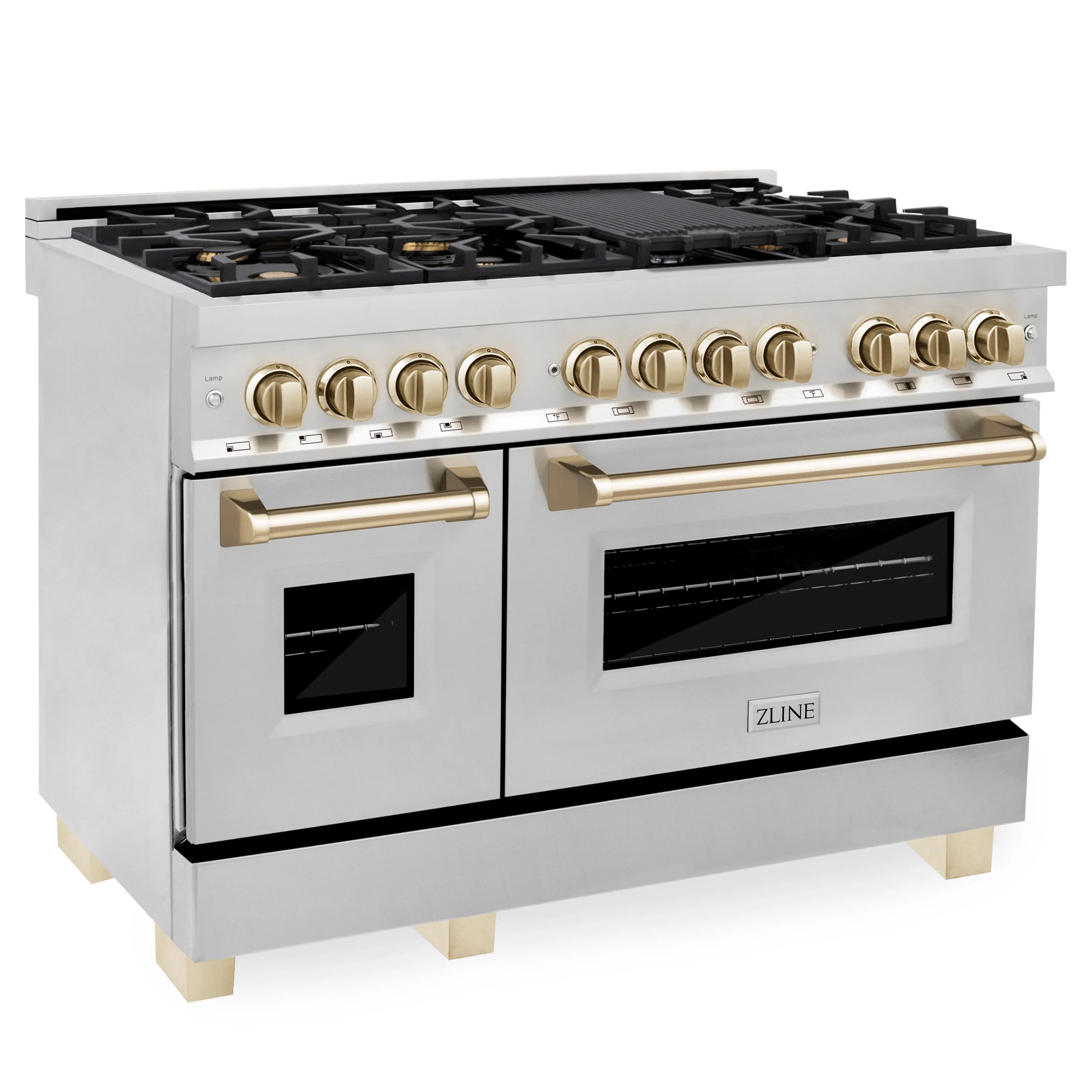 Dual fuel range front view with gold knobs, handles, and dual oven windows