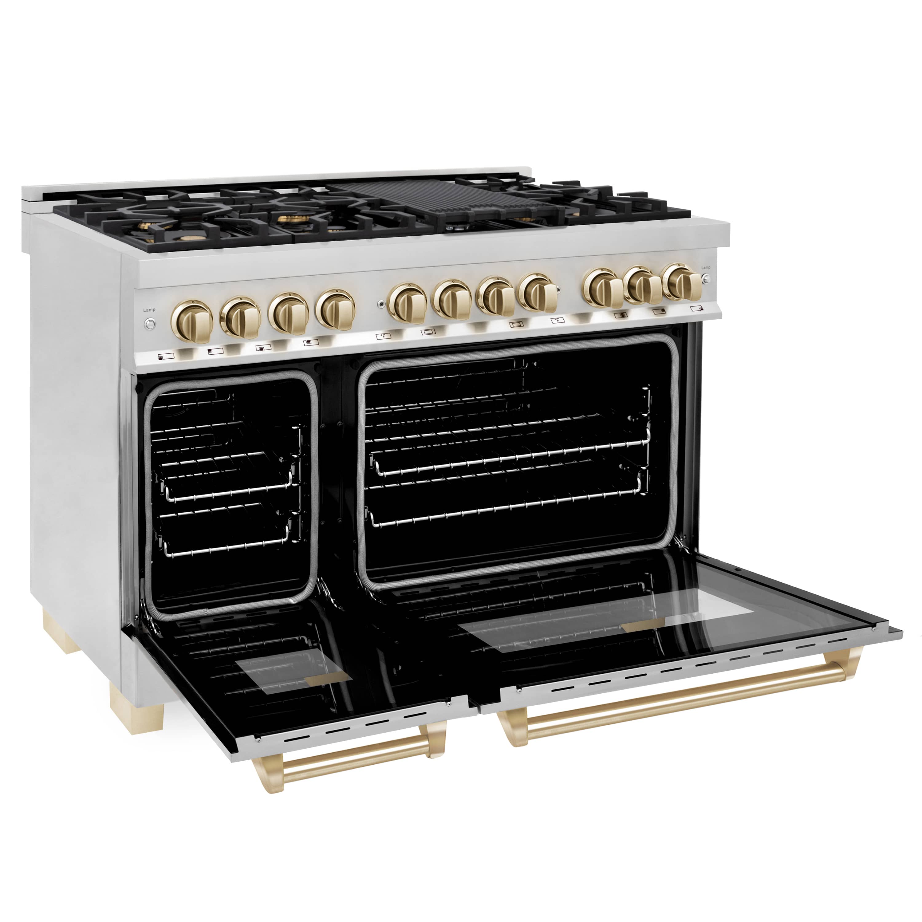 Dual fuel range with open oven door, black glass interior, and gold knobs