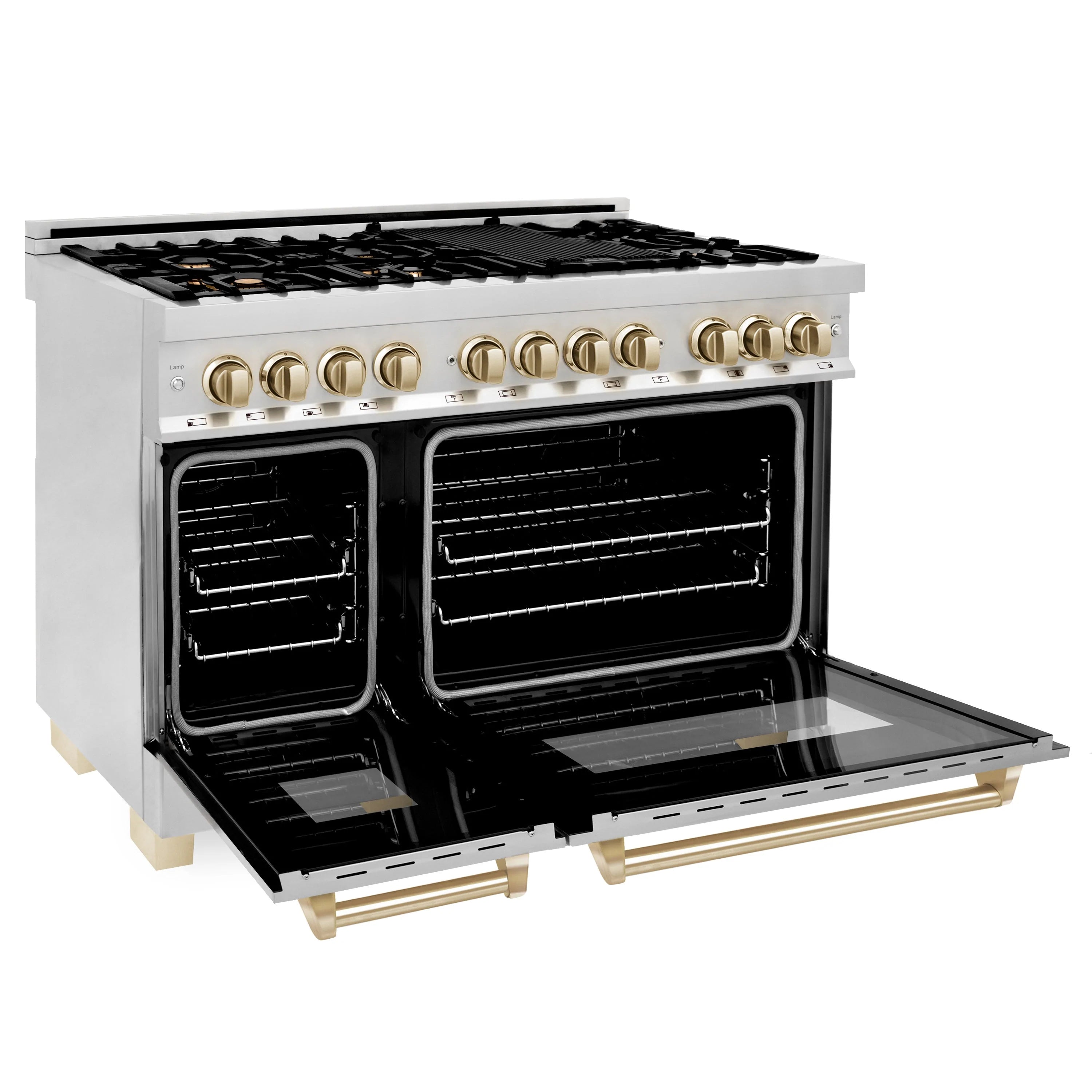 Dual fuel range with open oven doors, black interiors, and gold trim rails