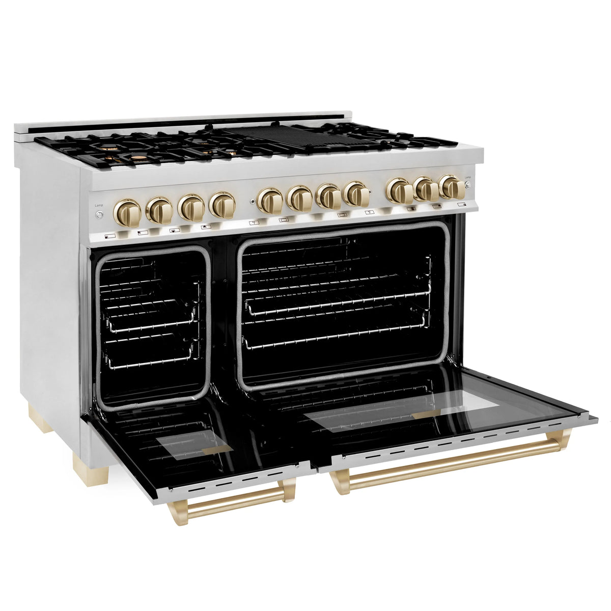 Dual fuel range with oven doors open, showing black interior and gold trim accents