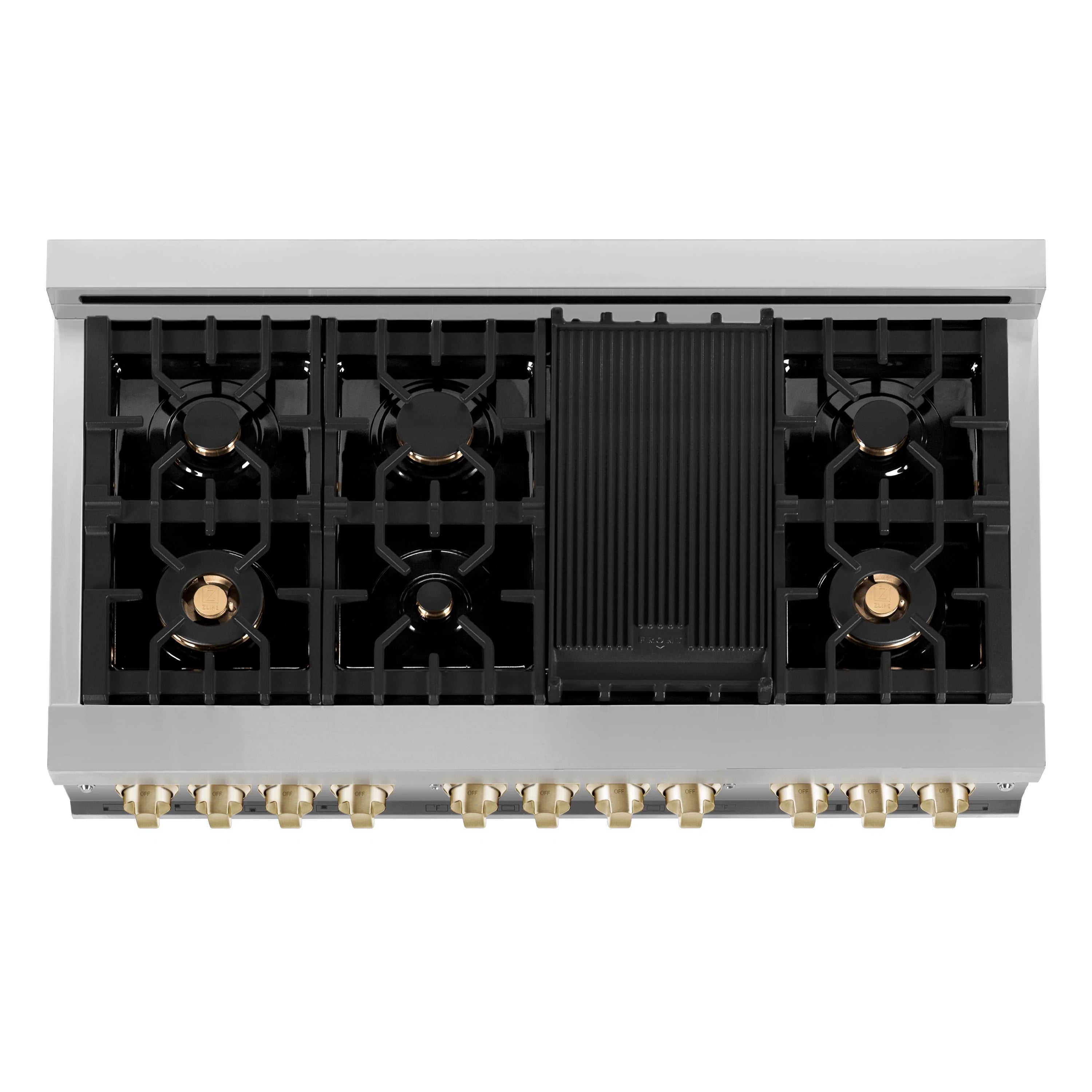 Dual fuel range cooktop with black grates and gold-trim control knobs