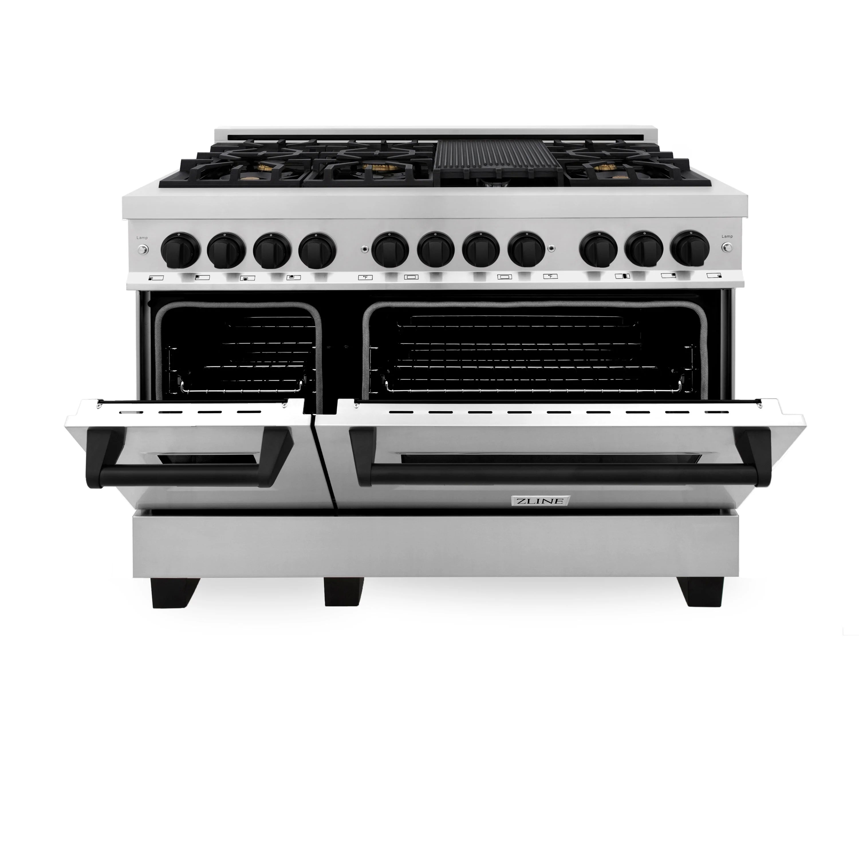 Stainless steel dual fuel range with both oven doors open and black oven interiors