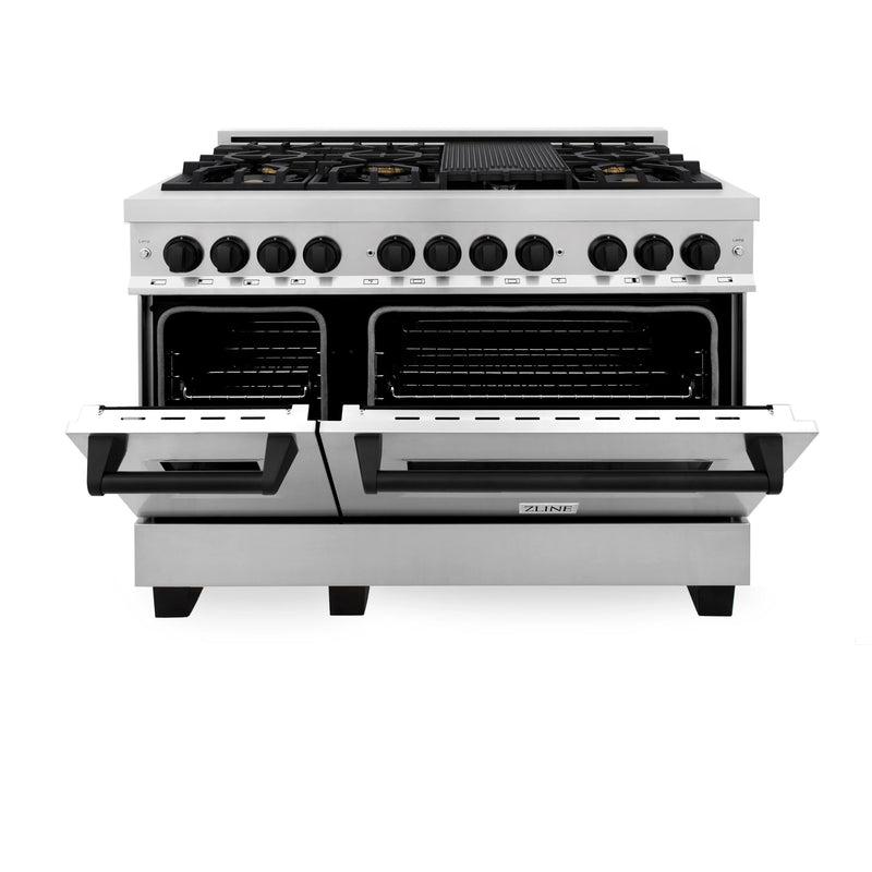 ZLINE Autograph Edition 2-Piece Appliance Package - 48-Inch Dual Fuel Range & Wall Mounted Range Hood in Stainless Steel with Matte Black Trim (2AKP-RARH48-MB)