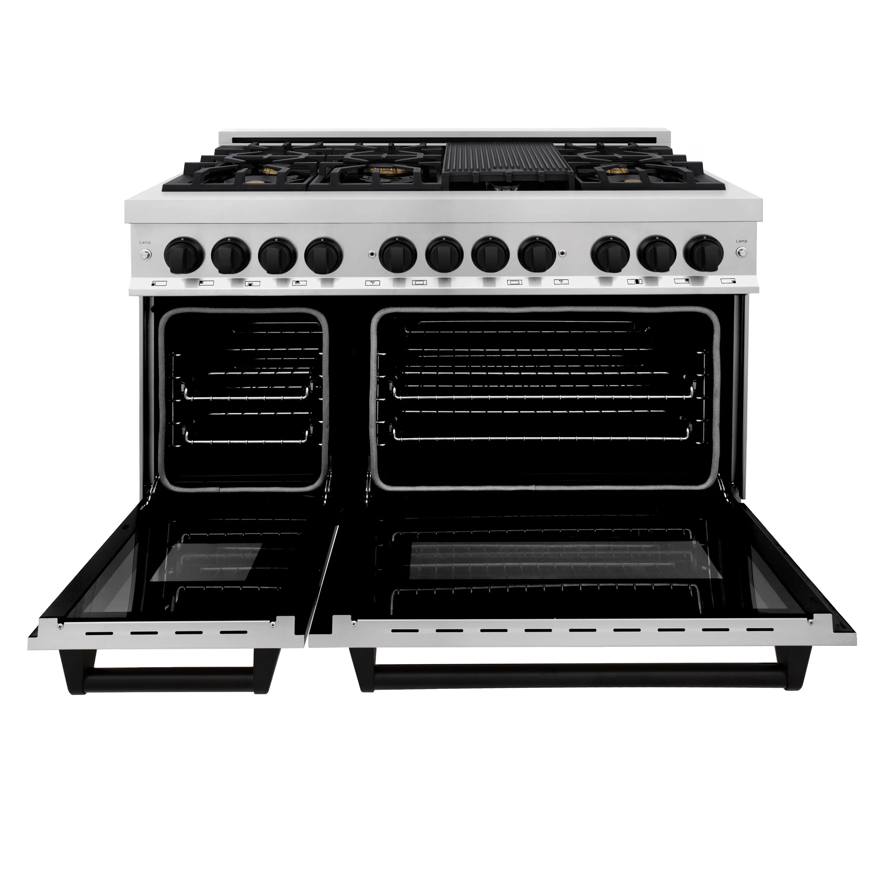 Stainless steel dual fuel range with oven doors open and racks pulled forward