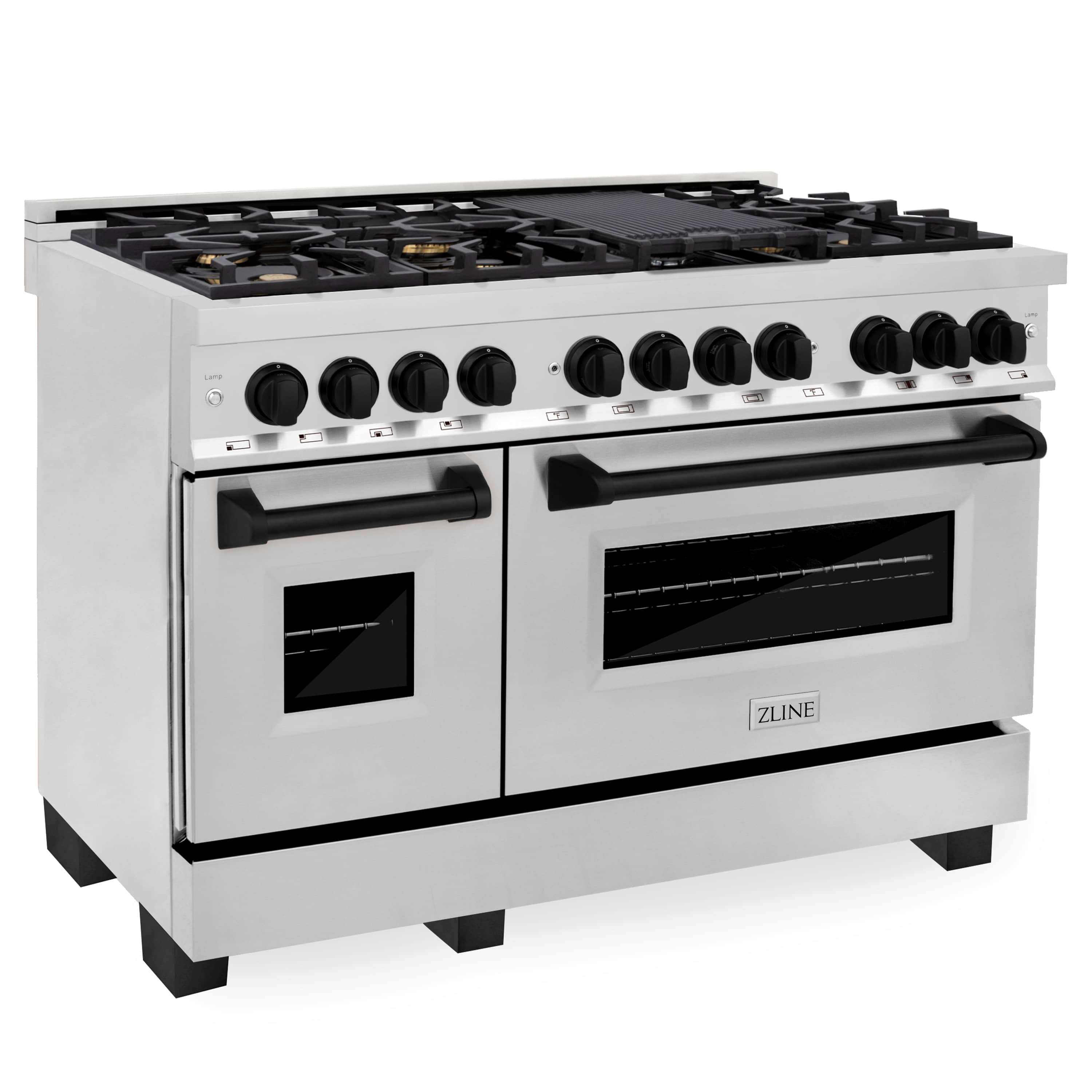 Stainless steel dual fuel range with black knobs and open oven door, matte black accents