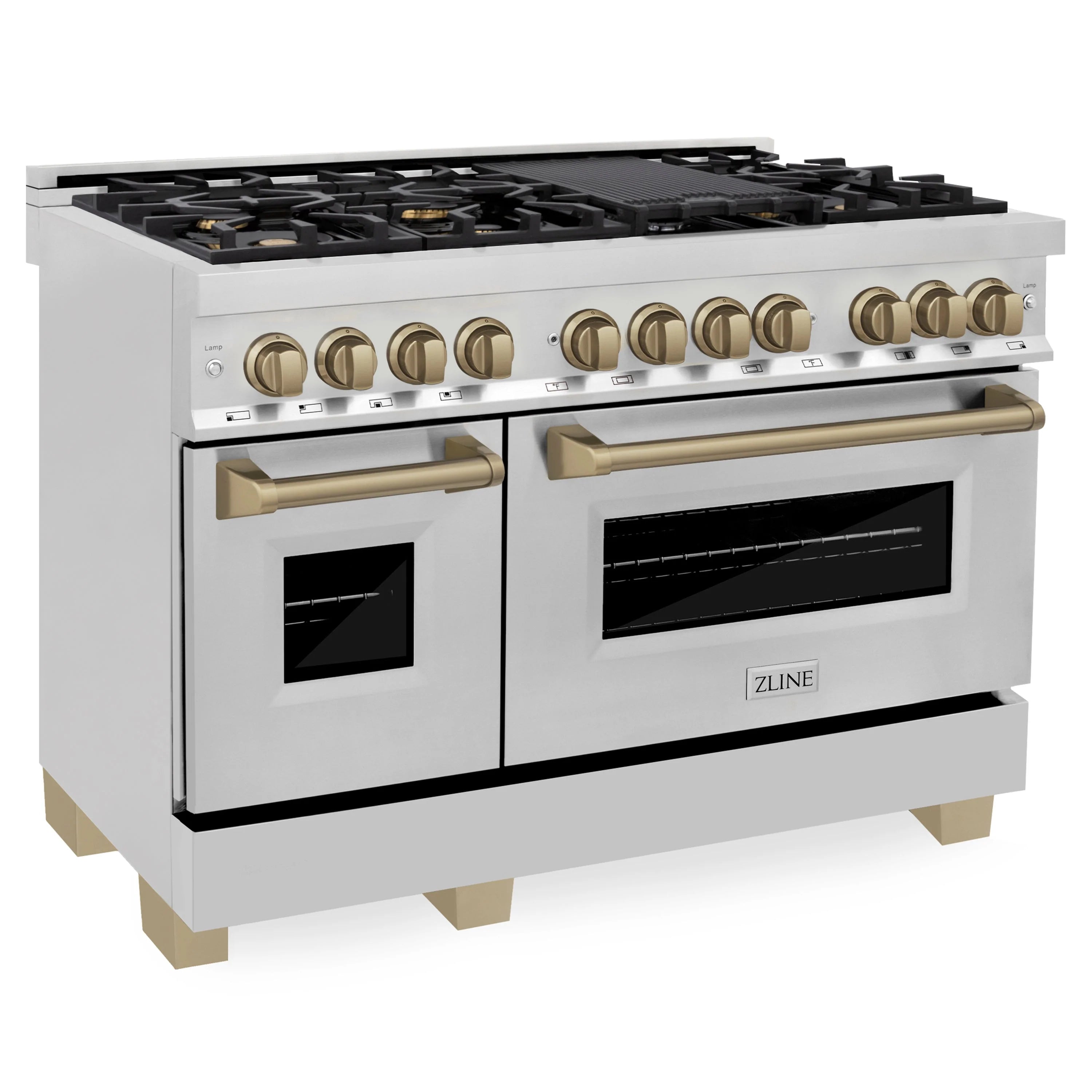 Dual fuel range with stainless finish, champagne bronze handles, and two oven doors