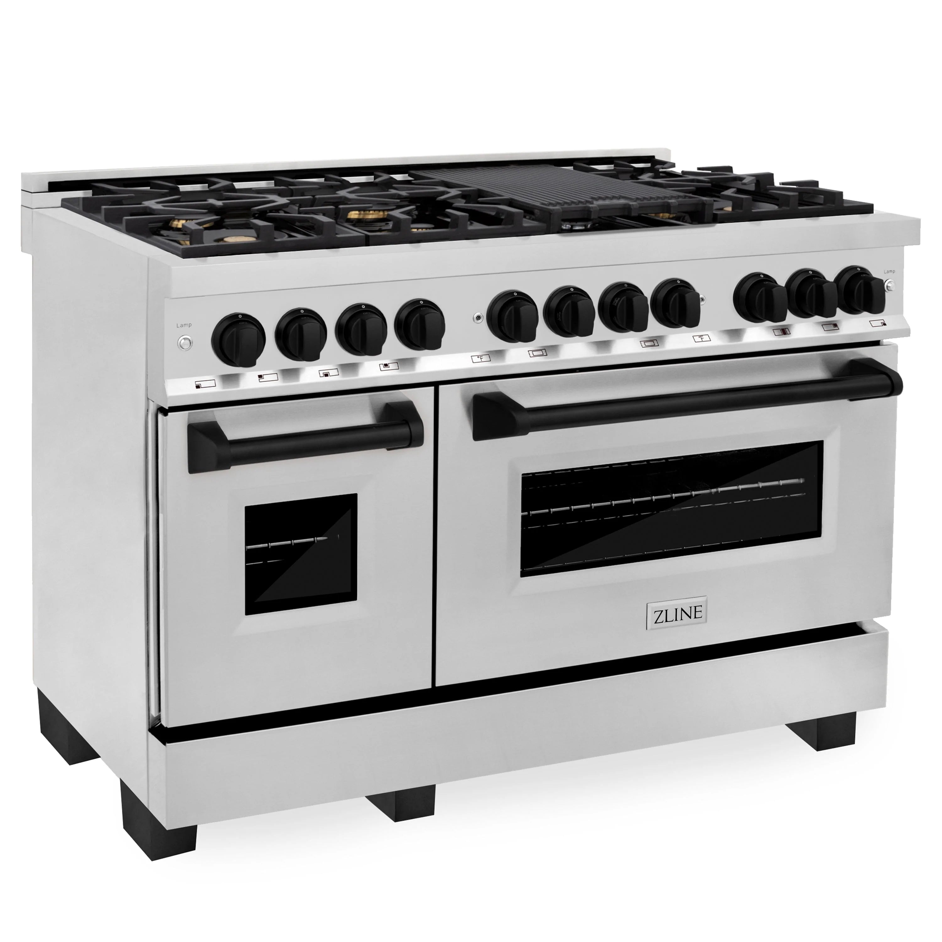 Stainless steel dual fuel range with black burner grates, knobs, and front oven doors