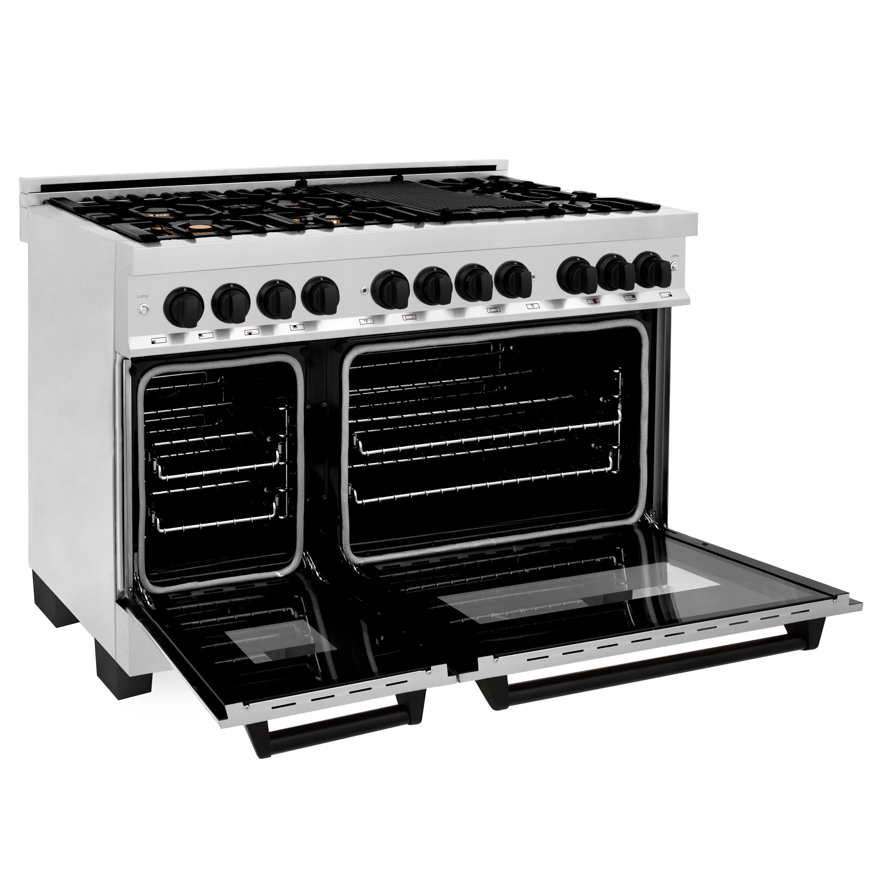Stainless steel dual fuel range with both ovens open and lower drawer extended