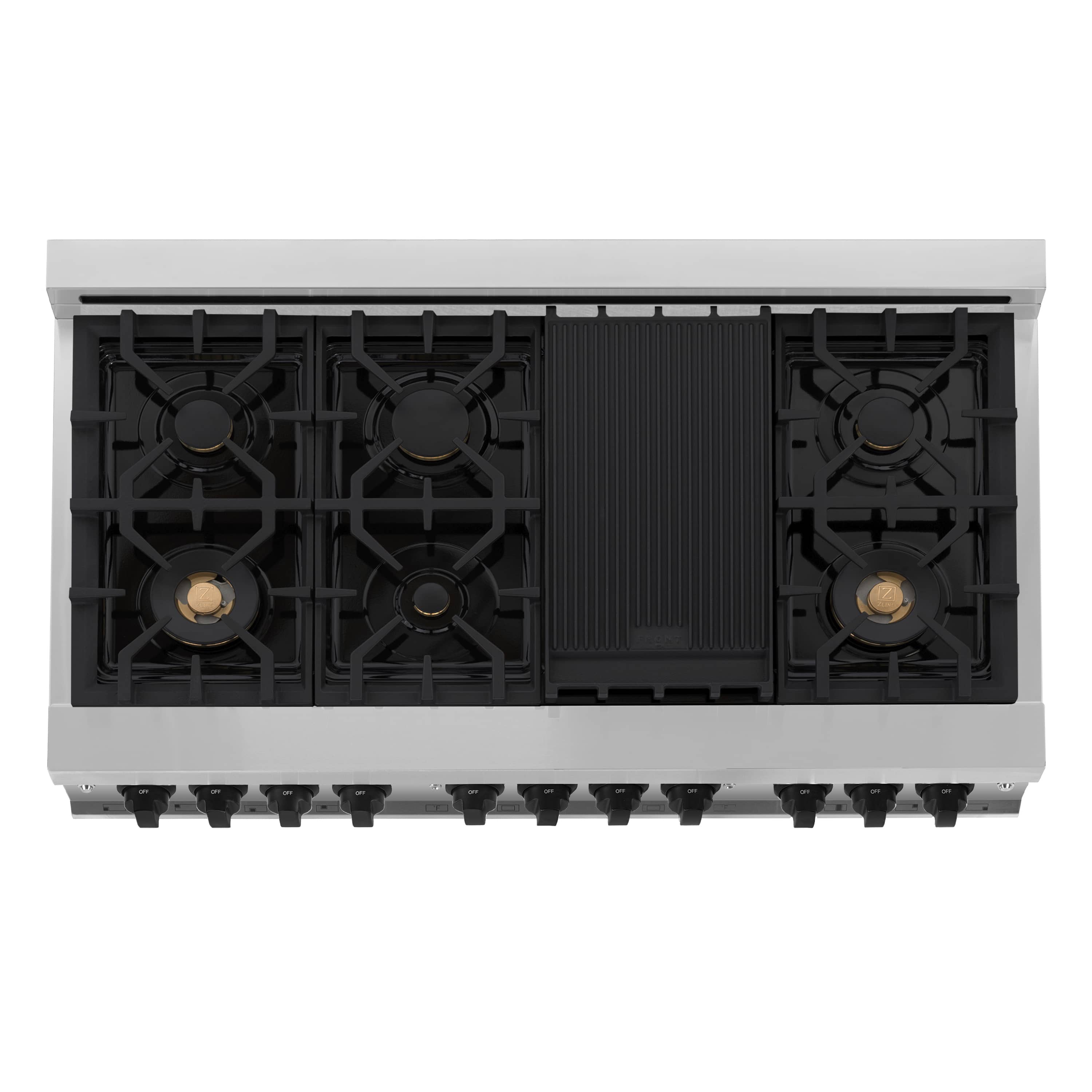 Dual fuel range front with four black burner grates and a black center panel