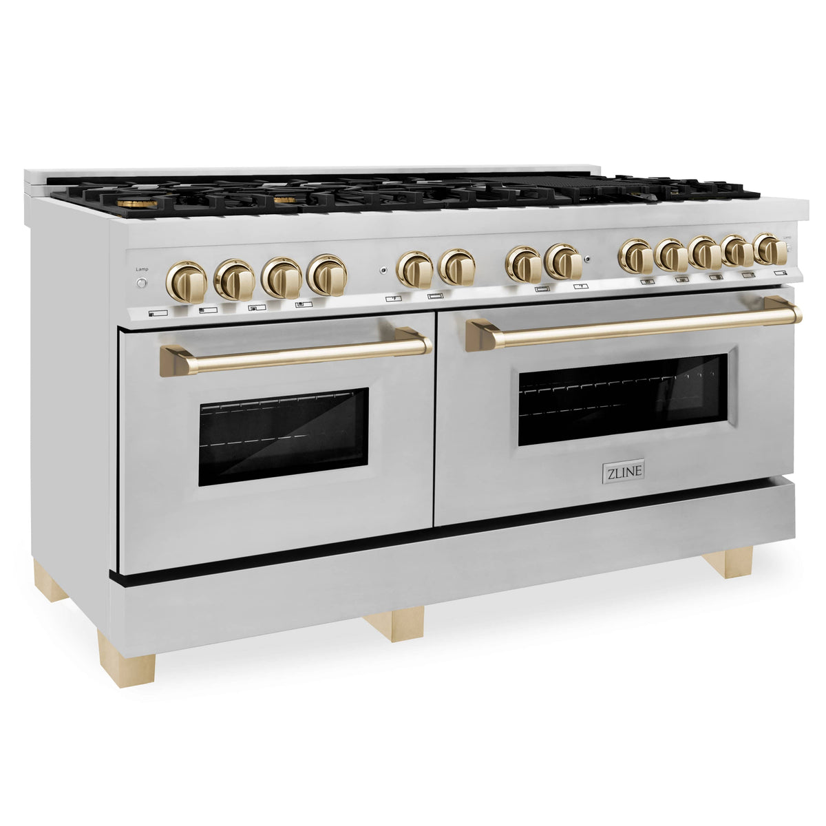 Stainless dual fuel range with gold bar handles, control knobs, and glass oven doors