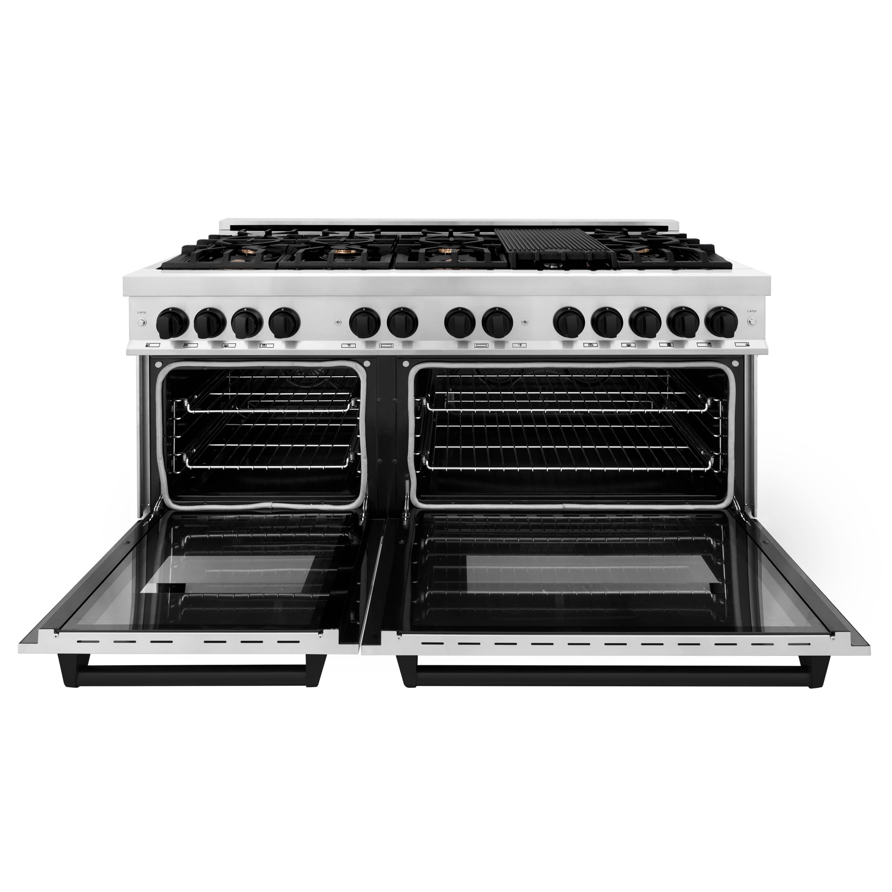 Dual-fuel range with open dual oven doors and black interior grates