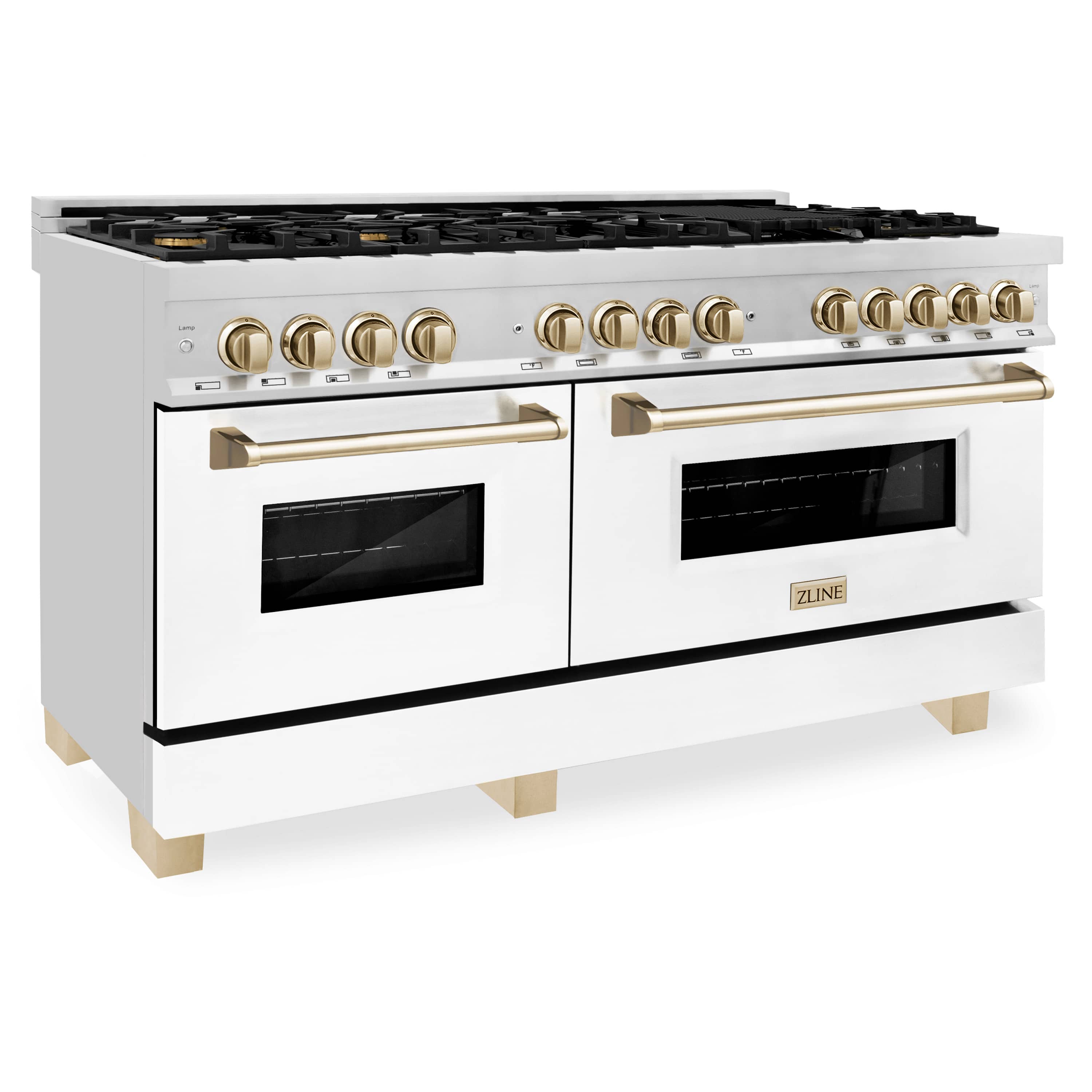 White dual fuel range with black oven windows, gold knobs, and gold handle bars