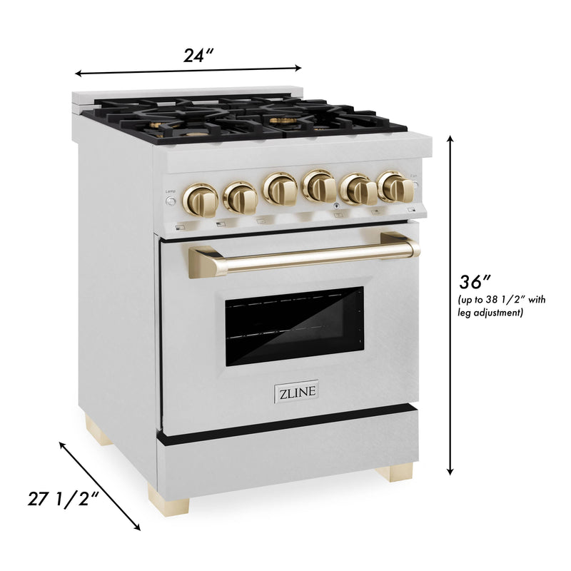 ZLINE Autograph Edition 24-Inch 2.8 cu. ft. Dual Fuel Range with Gas Stove and Electric Oven in DuraSnow® Stainless Steel with Gold Accents (RASZ-SN-24-G)