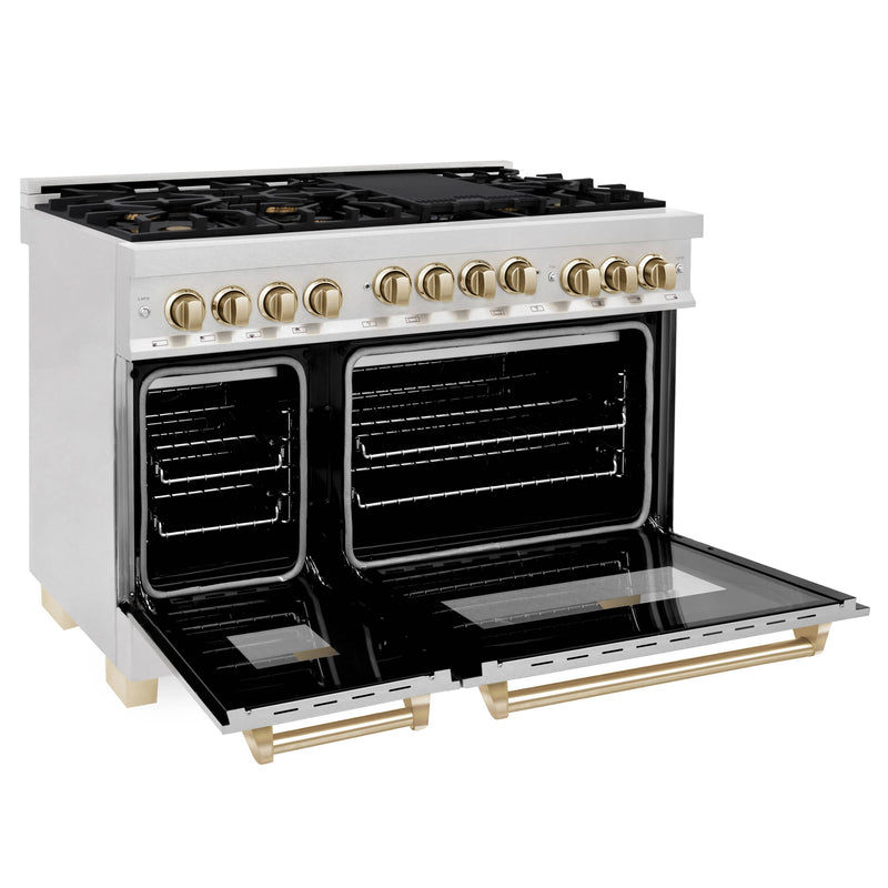ZLINE 48-Inch Autograph Edition Kitchen Package with DuraSnow Stainless Steel Gas Range, Wall Mount Range Hood and Dishwasher with Gold Accents (3AKPR-RGSRHDWM48-G)