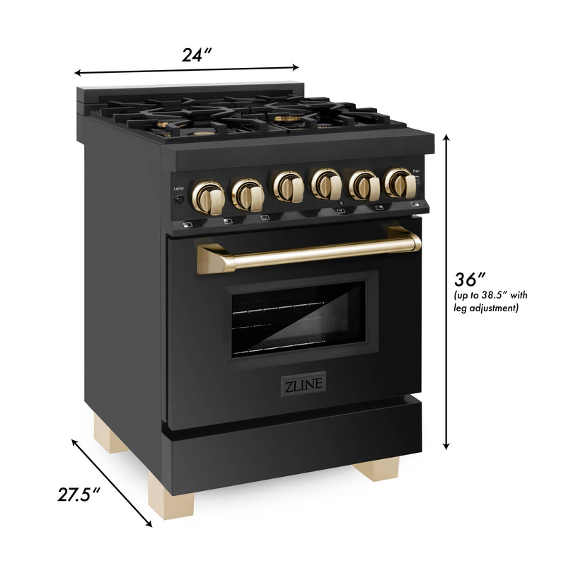 ZLINE Autograph Edition 24-Inch 2.8 cu. ft. Range with Gas Stove and Gas Oven in Black Stainless Steel with Gold Accents (RGBZ-24-G)
