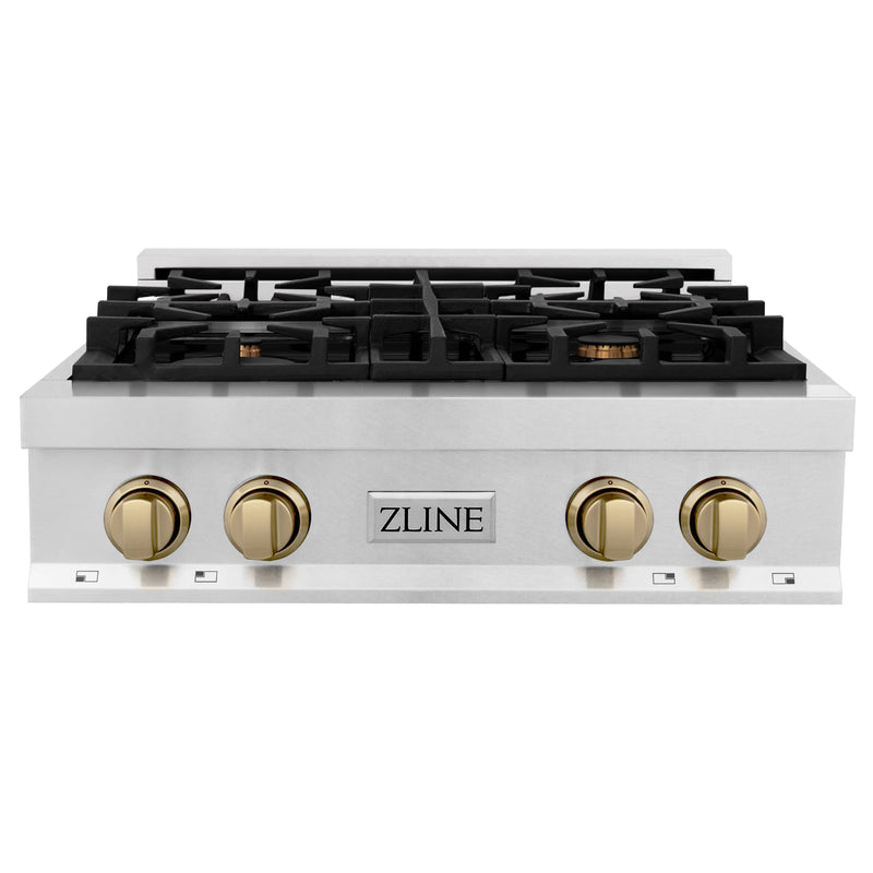 ZLINE Autograph Edition 30-Inch Porcelain Rangetop with 4 Gas Burners in DuraSnow Stainless Steel and Champagne Bronze Accents (RTSZ-30-CB)