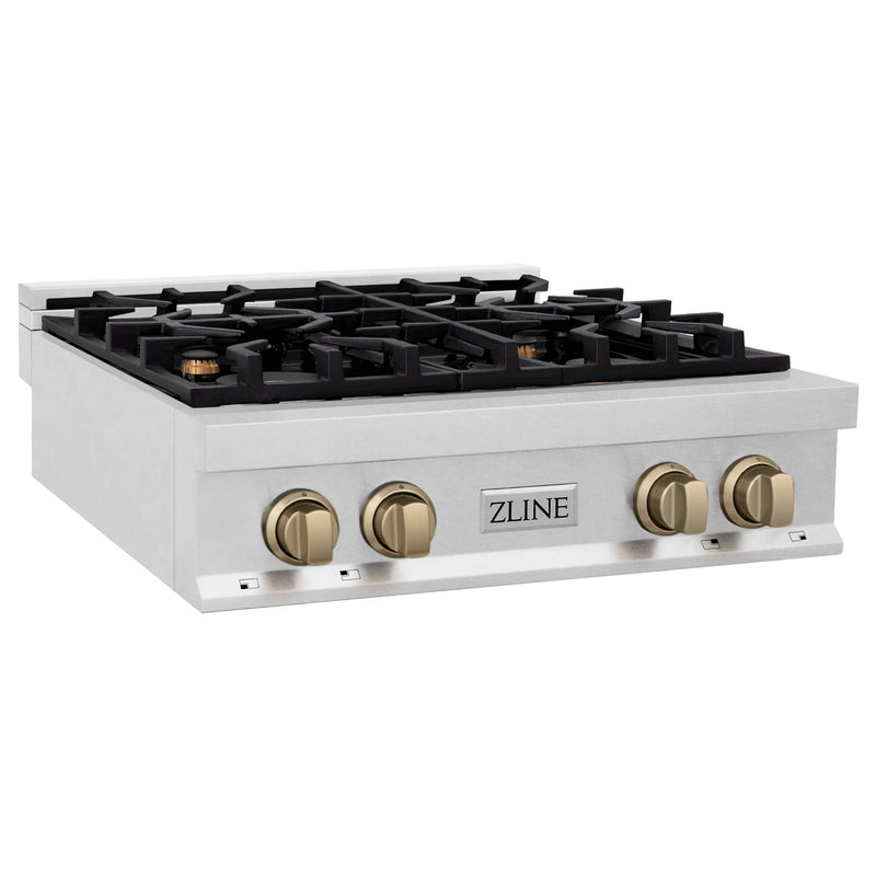 ZLINE Autograph Edition 30-Inch Porcelain Rangetop with 4 Gas Burners in DuraSnow Stainless Steel and Champagne Bronze Accents (RTSZ-30-CB)