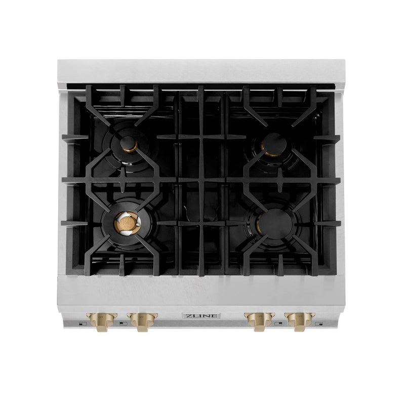 ZLINE Autograph Edition 30-Inch Porcelain Rangetop with 4 Gas Burners in DuraSnow Stainless Steel and Champagne Bronze Accents (RTSZ-30-CB)