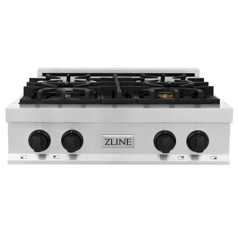 ZLINE Autograph Edition 30-Inch Porcelain Rangetop with 4 Gas Brass Burners in Stainless Steel with Matte Black Accents (RTZ-30-MB)