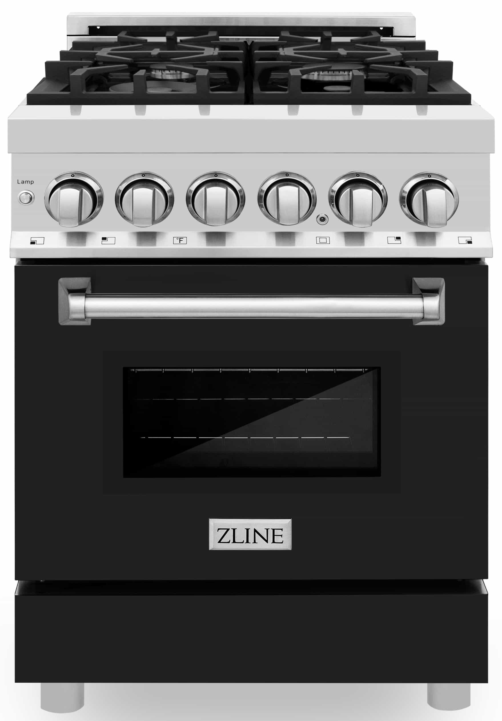 Stainless and black dual fuel range with gas burners, control knobs, and matte black oven door