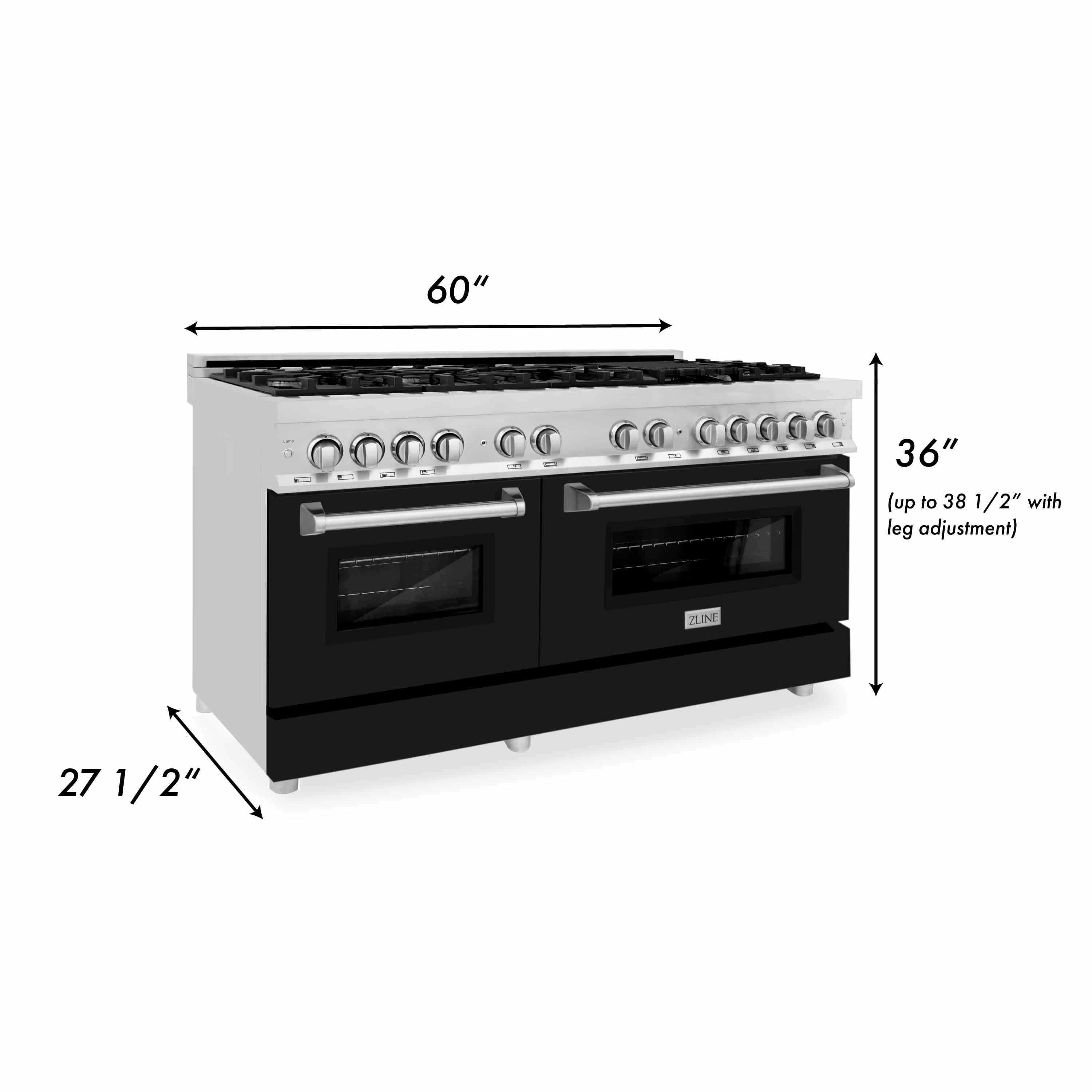 ZLINE 60 in dual fuel range with stainless top and black matte oven doors