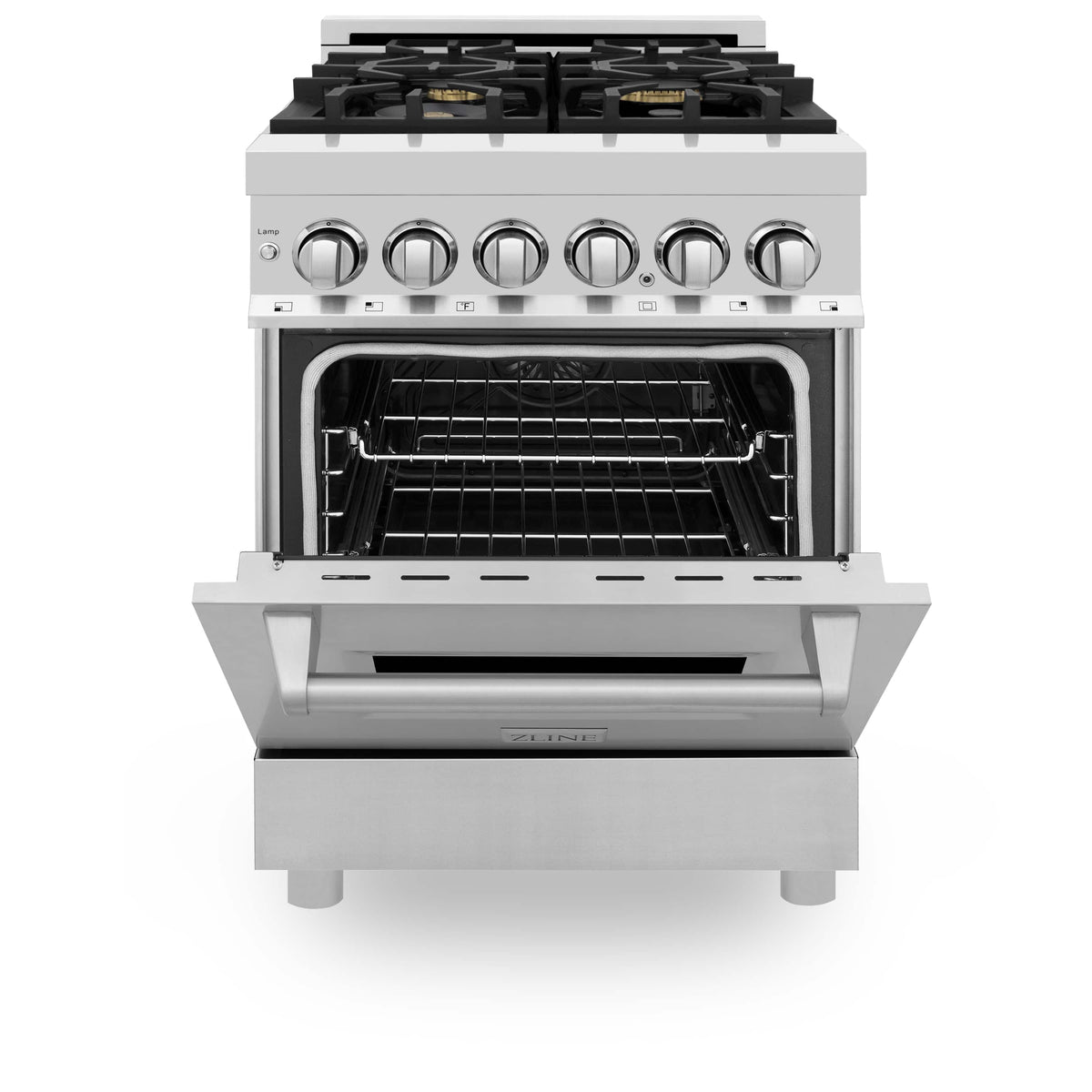 Stainless steel dual fuel range with open oven showing wire rack and burner controls