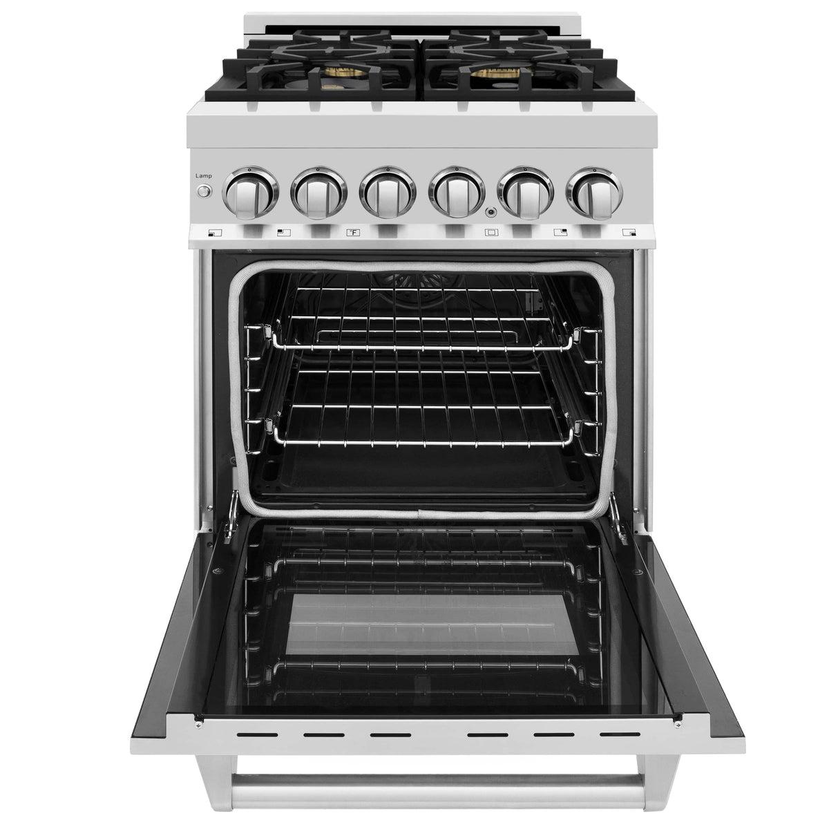 Stainless steel ZLINE dual fuel range with open electric oven and gas burner grates