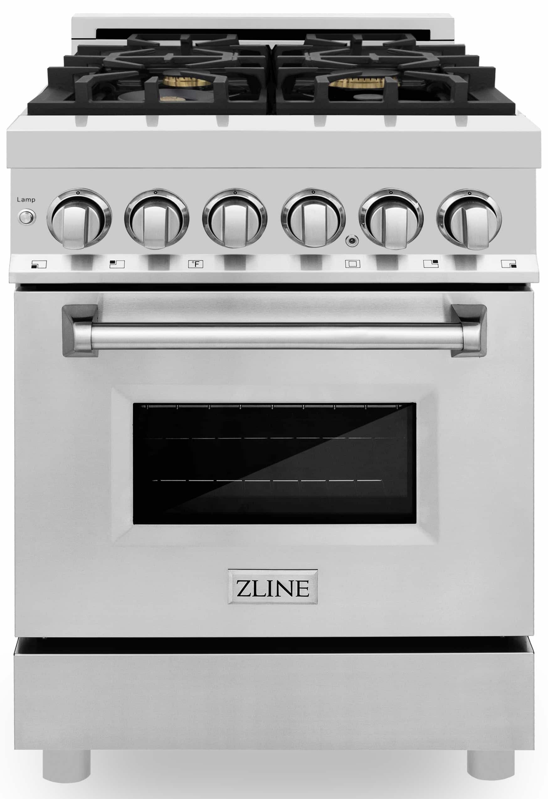 ZLINE stainless steel dual fuel range with black cooktop grates and oven window