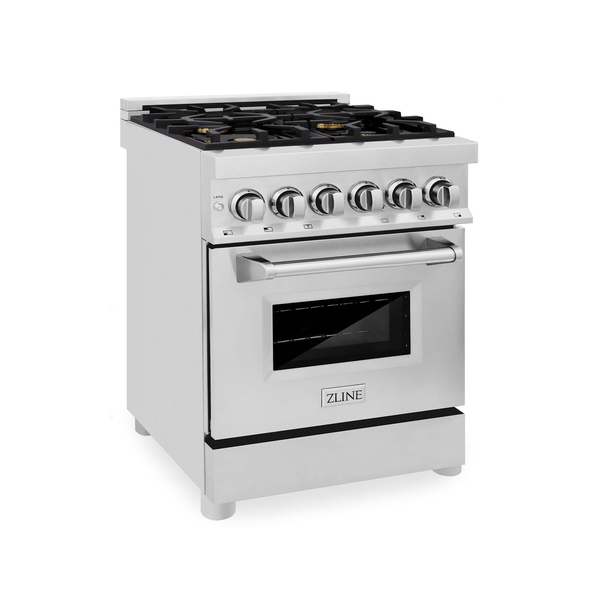Stainless steel dual fuel range with control knobs, gas burner top, and closed oven door