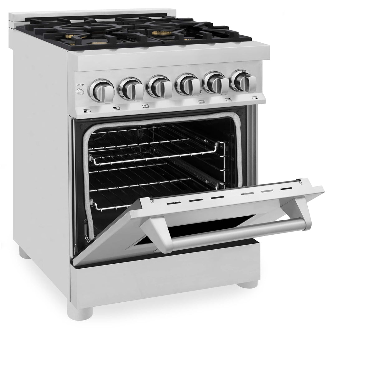 Stainless steel dual fuel range with side view of open oven and racks